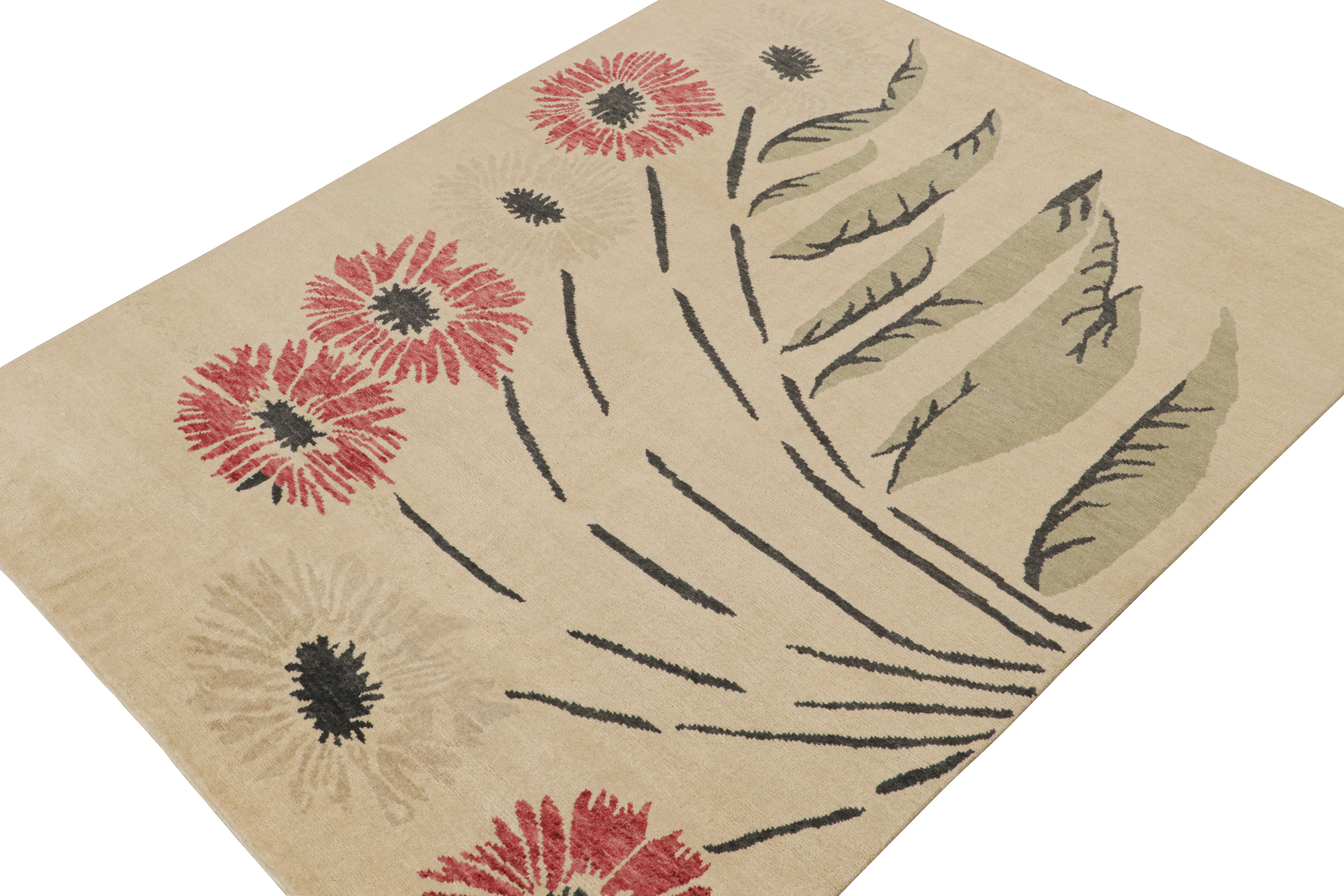 Hand-Knotted Rug & Kilim’s Modern Rug in Beige with Red, Green & Black Floral Patterns For Sale