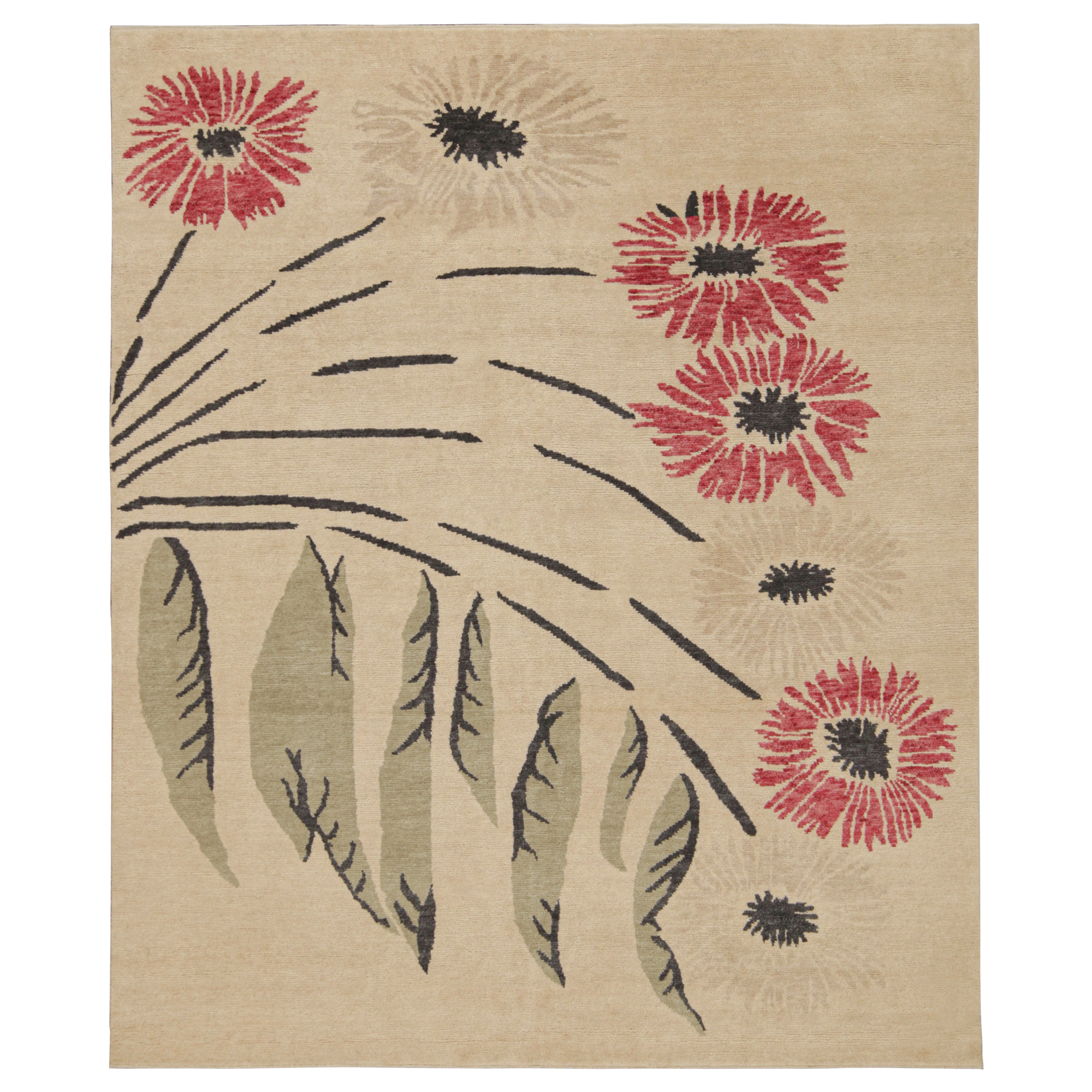 Rug & Kilim’s Modern Rug in Beige with Red, Green & Black Floral Patterns For Sale