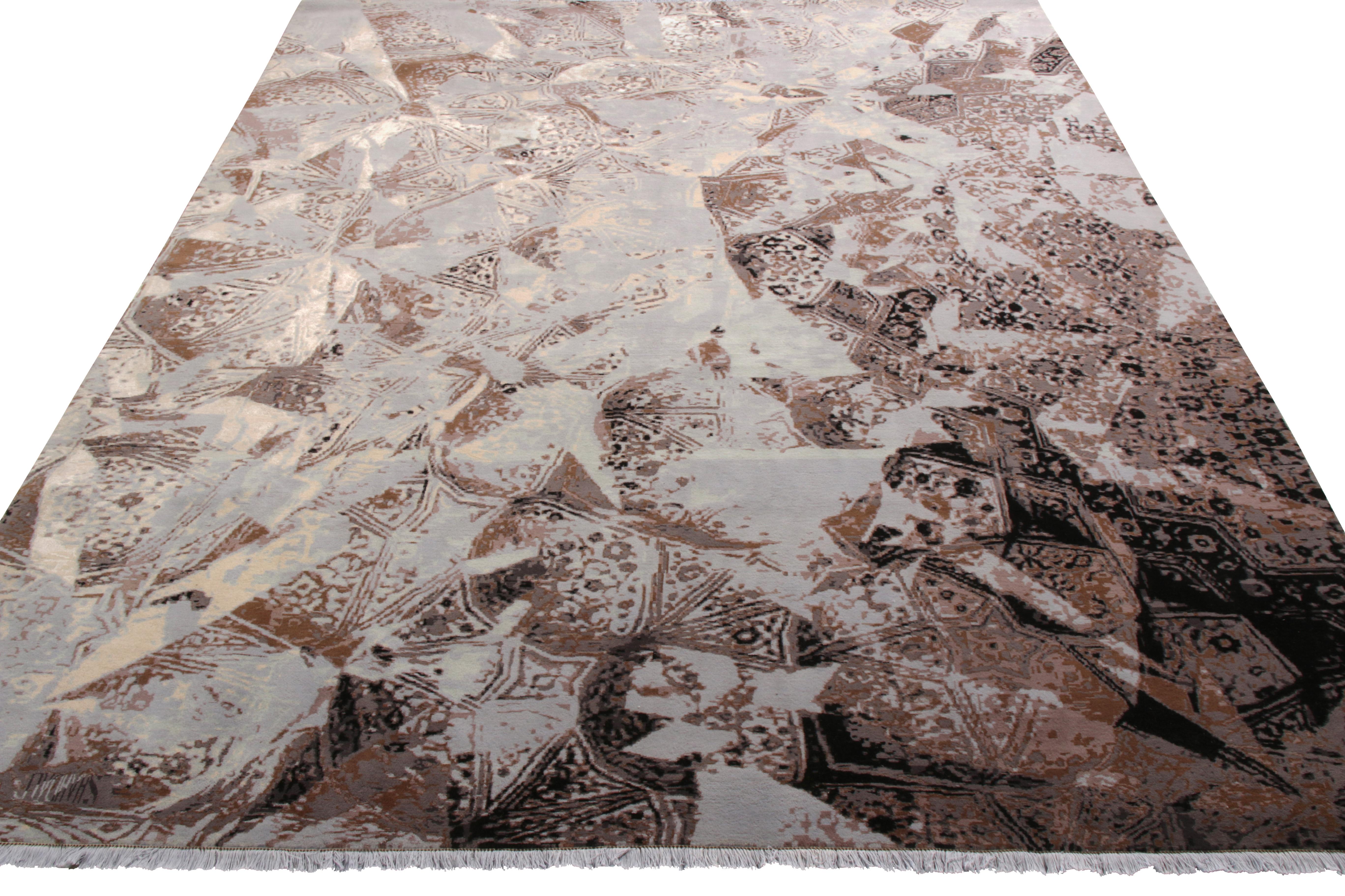 A scintillating 8 x 9 drawing by Rug & Kilim making a modern take in a modern classic weaving style. Extremely rich and heavy in composition, this piece of art introduces a new language in design with an abstract pattern elegantly filling the frame