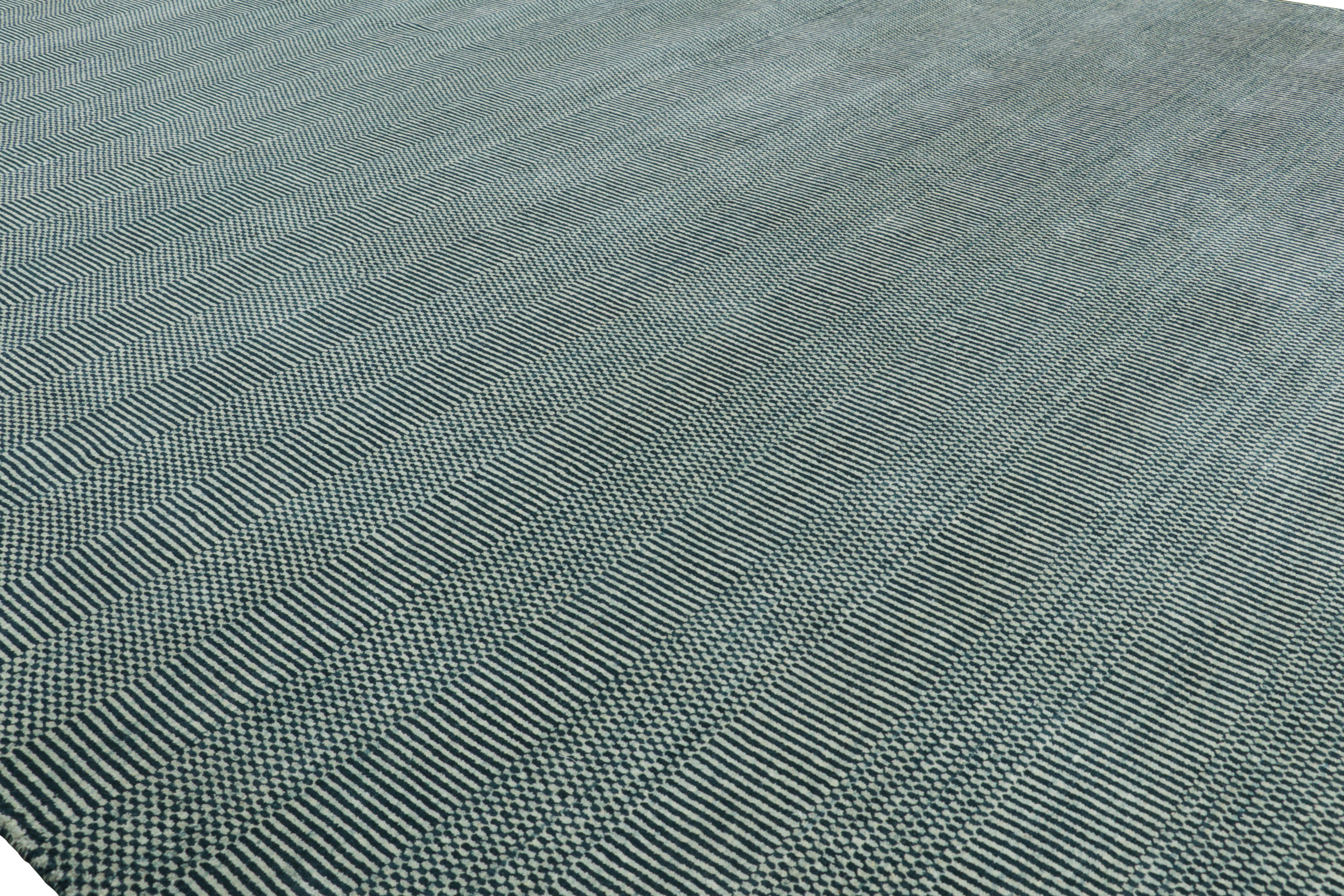Indian Rug & Kilim’s Modern Rug in Blue and Cream, with Stripes and Geometric Patterns For Sale