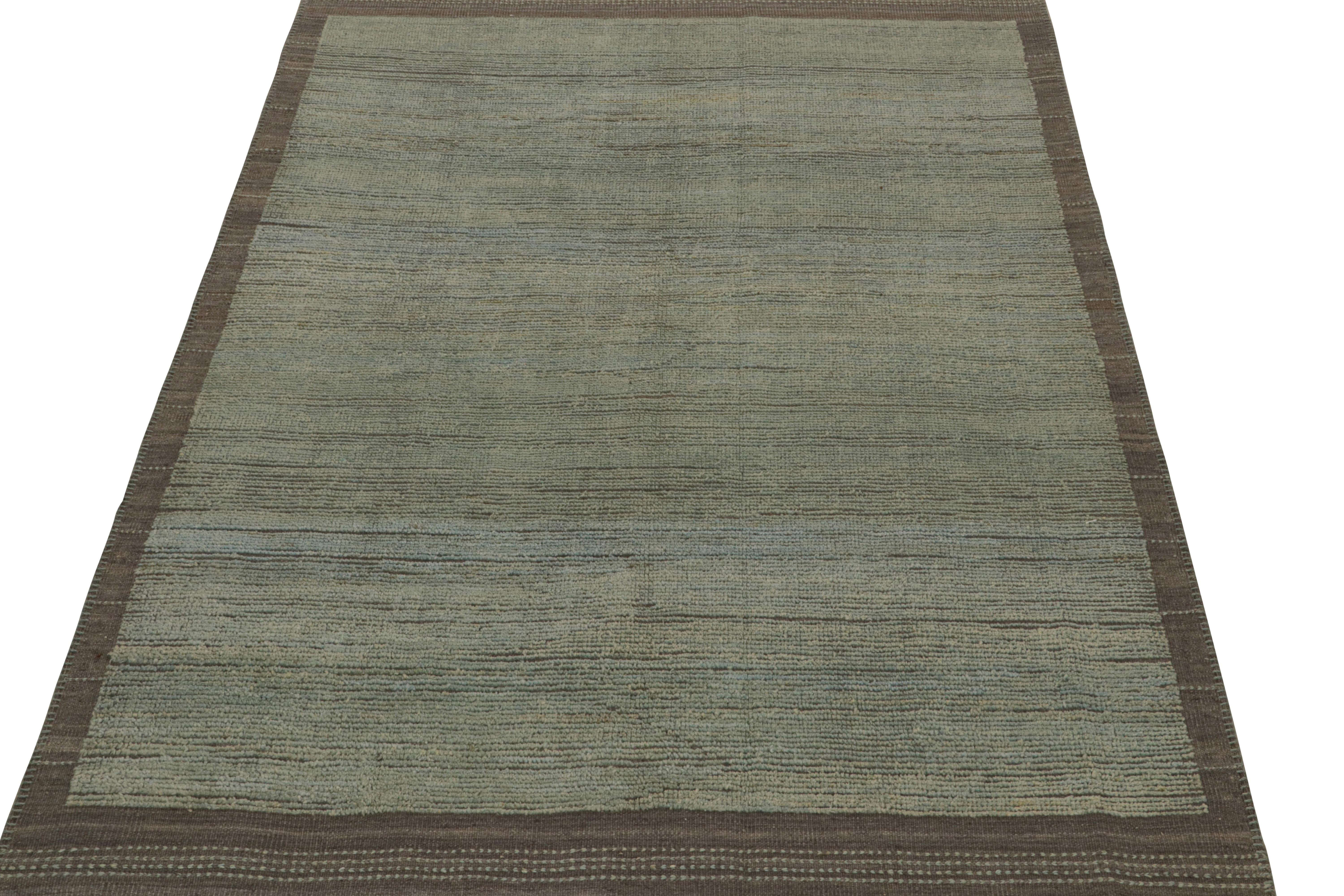 Afghan Rug & Kilim’s Modern Rug in Blue and Green Striae with Brown Border For Sale