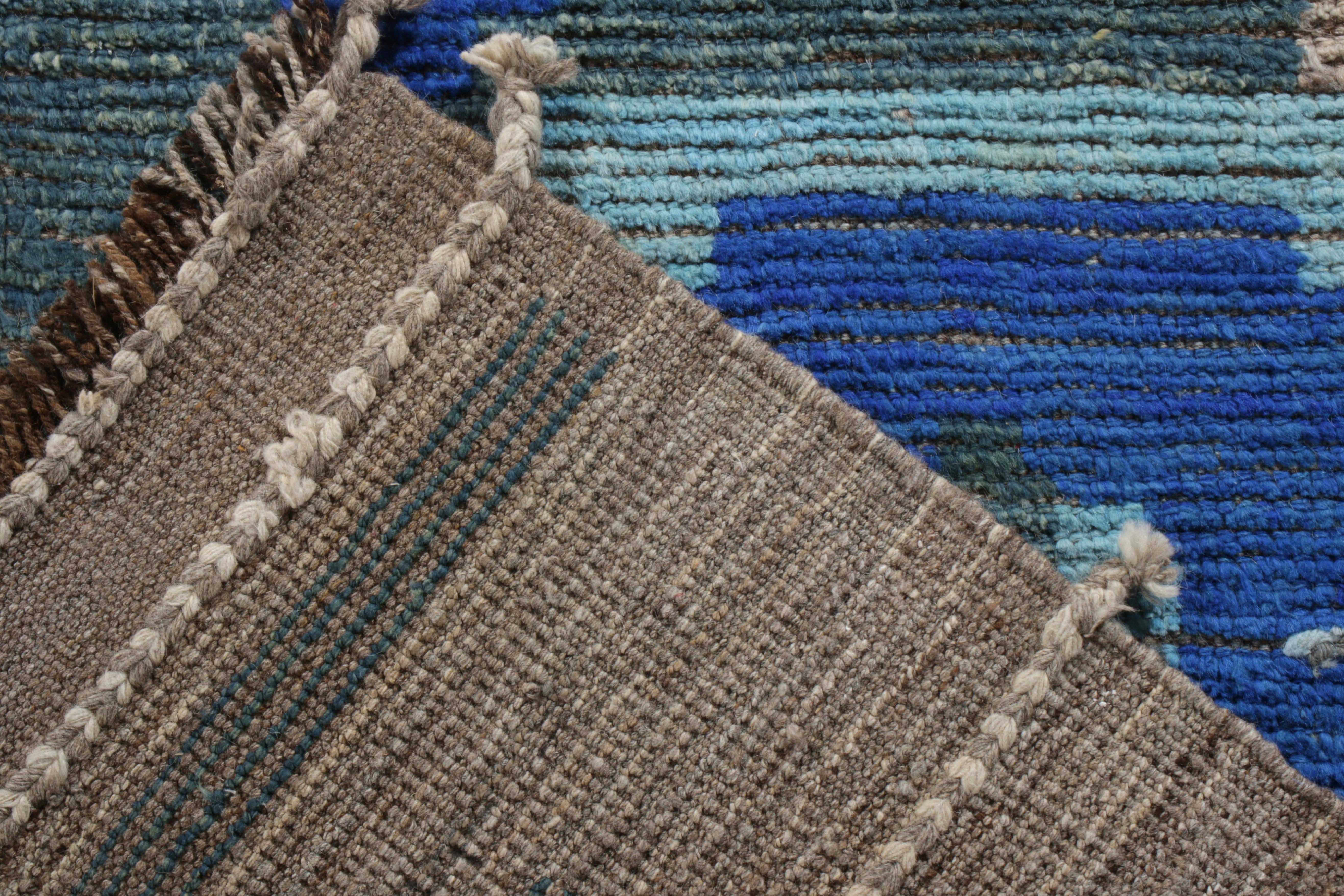 Afghan Rug & Kilim’s Modern Rug in Blue Brown Geometric Pattern For Sale