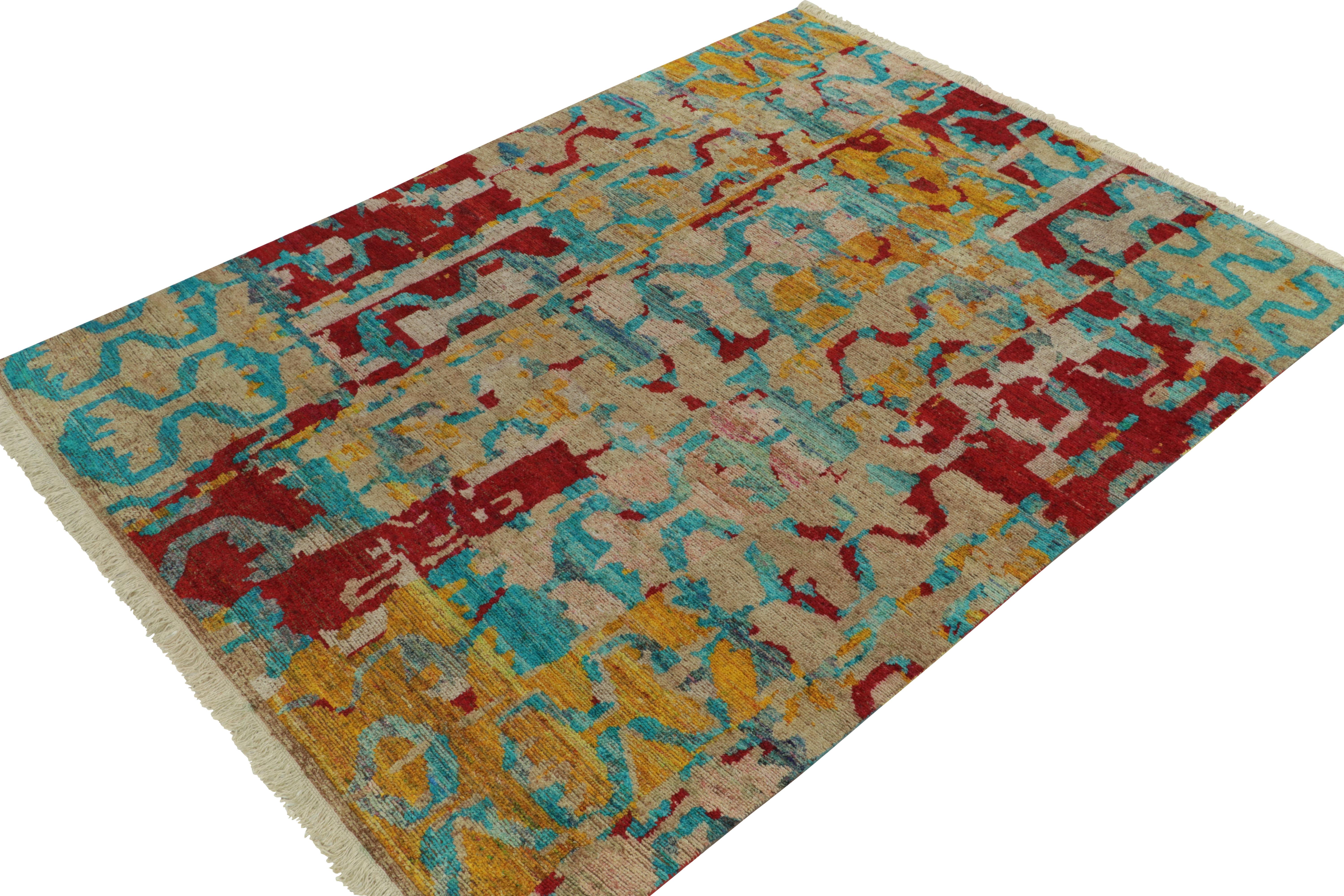 Hand-knotted in luxurious silk, a bold 8x10’6 addition to Rug & Kilim’s most intriguing modern rug selections. 

On the Design: This particular design marries abstract and Moroccan sensibilities in the most intriguing, dynamic layering of patterns