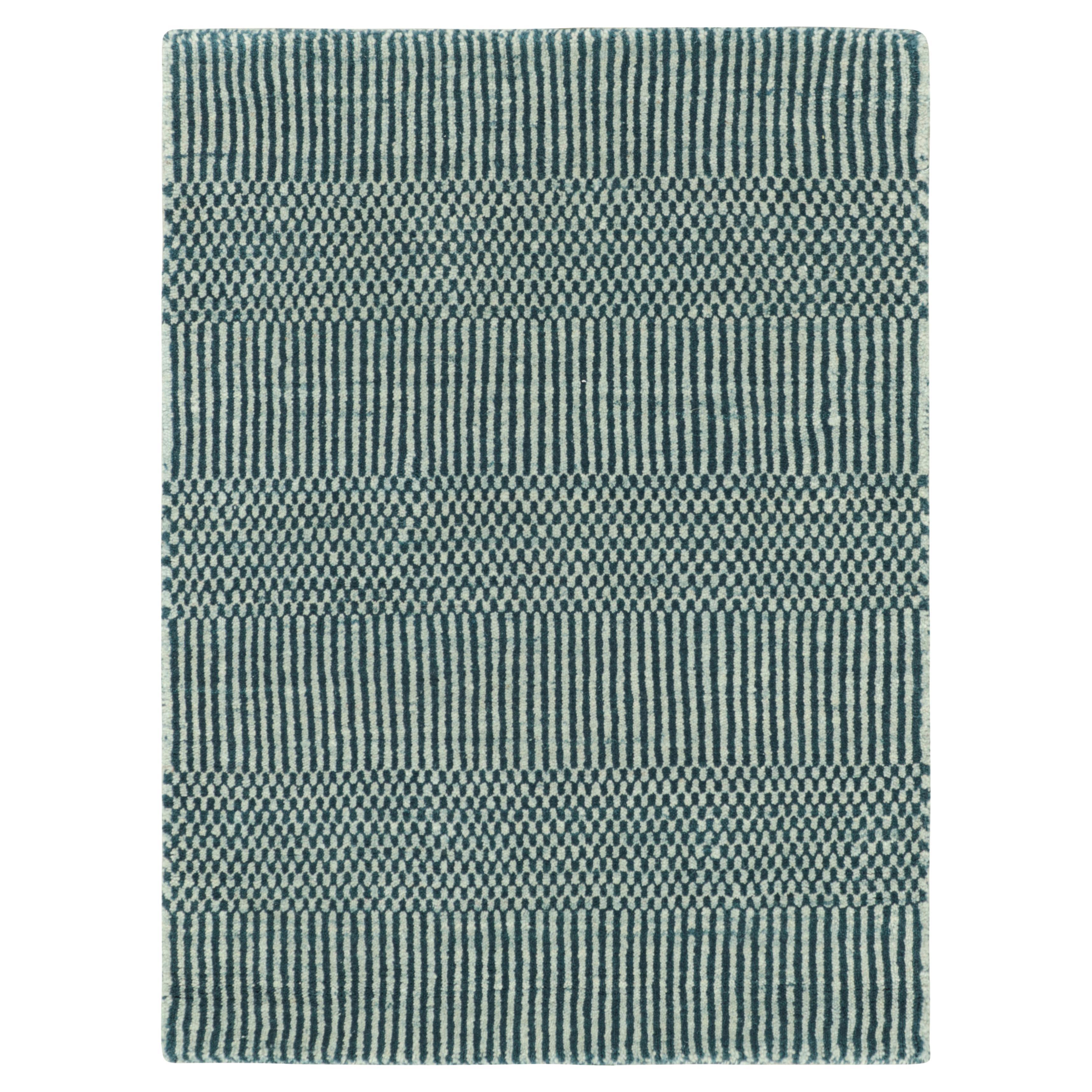 Rug & Kilim’s Modern Rug in Cream and Blue, with Stripes and Geometric Patterns