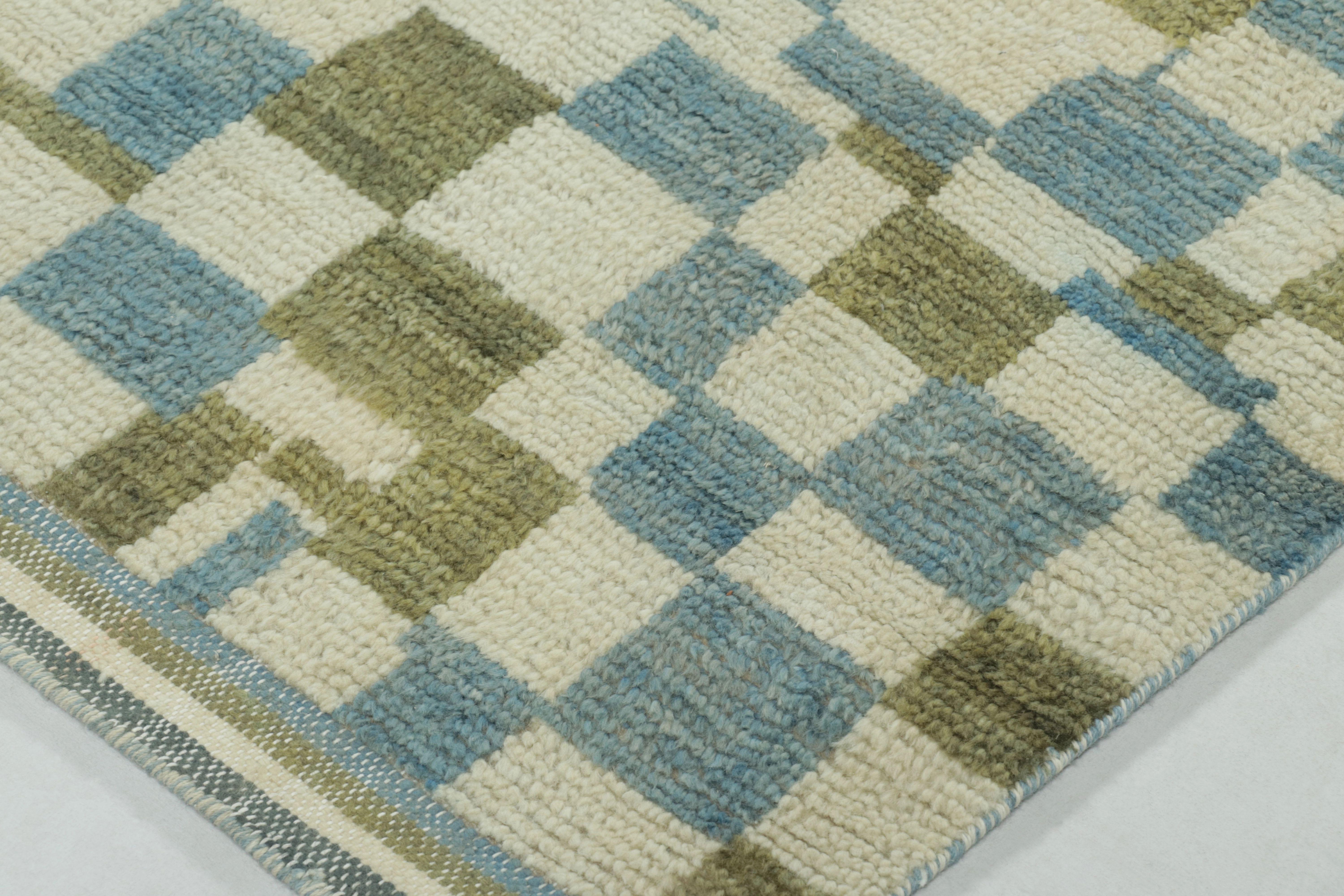 Indian Rug & Kilim’s Modern Rug in Cream, Gray and Blue Abstract Pixelated Pattern For Sale