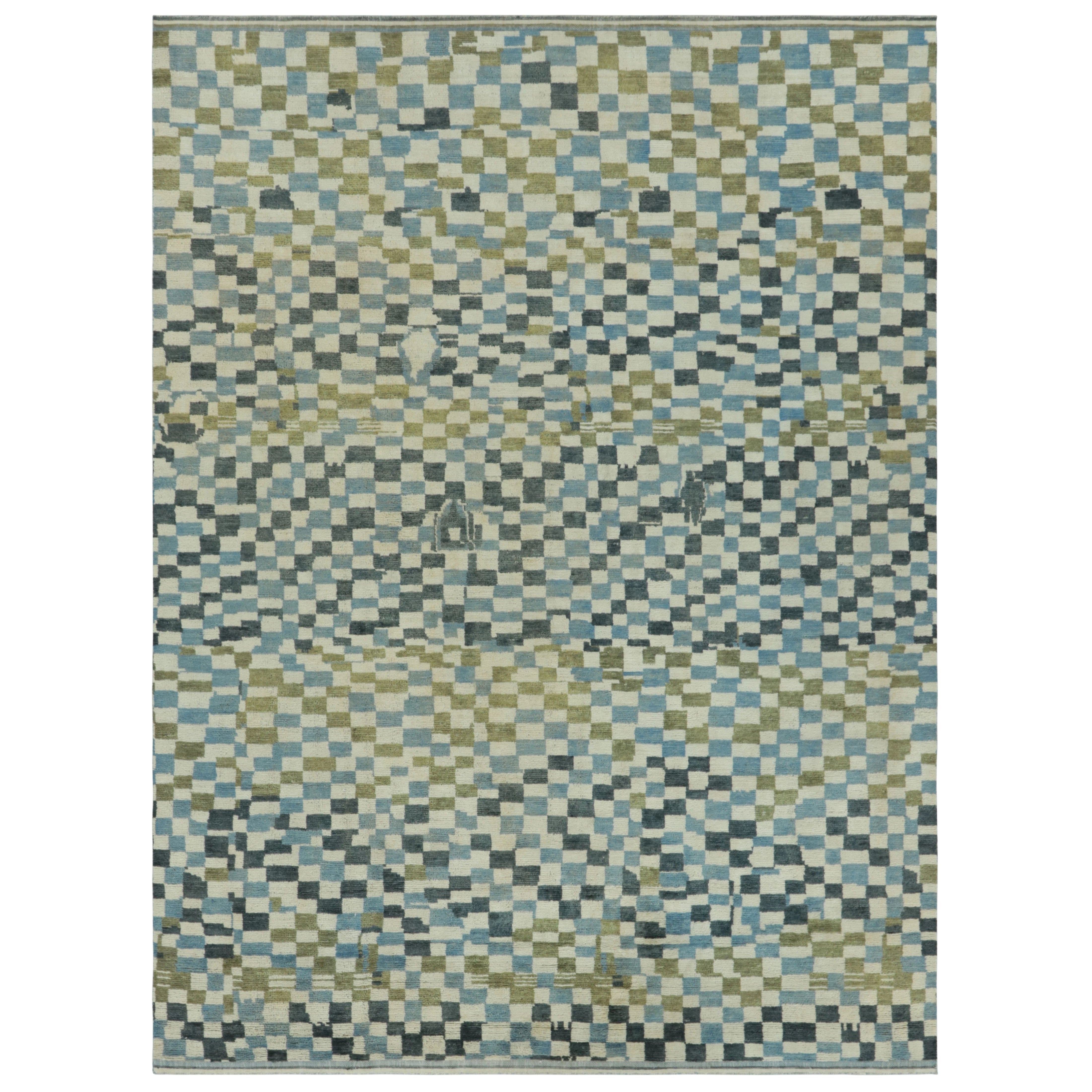 Rug 
Kilim’s Modern Rug in Cream, Gray and Blue Abstract Pixelated Pattern For Sale