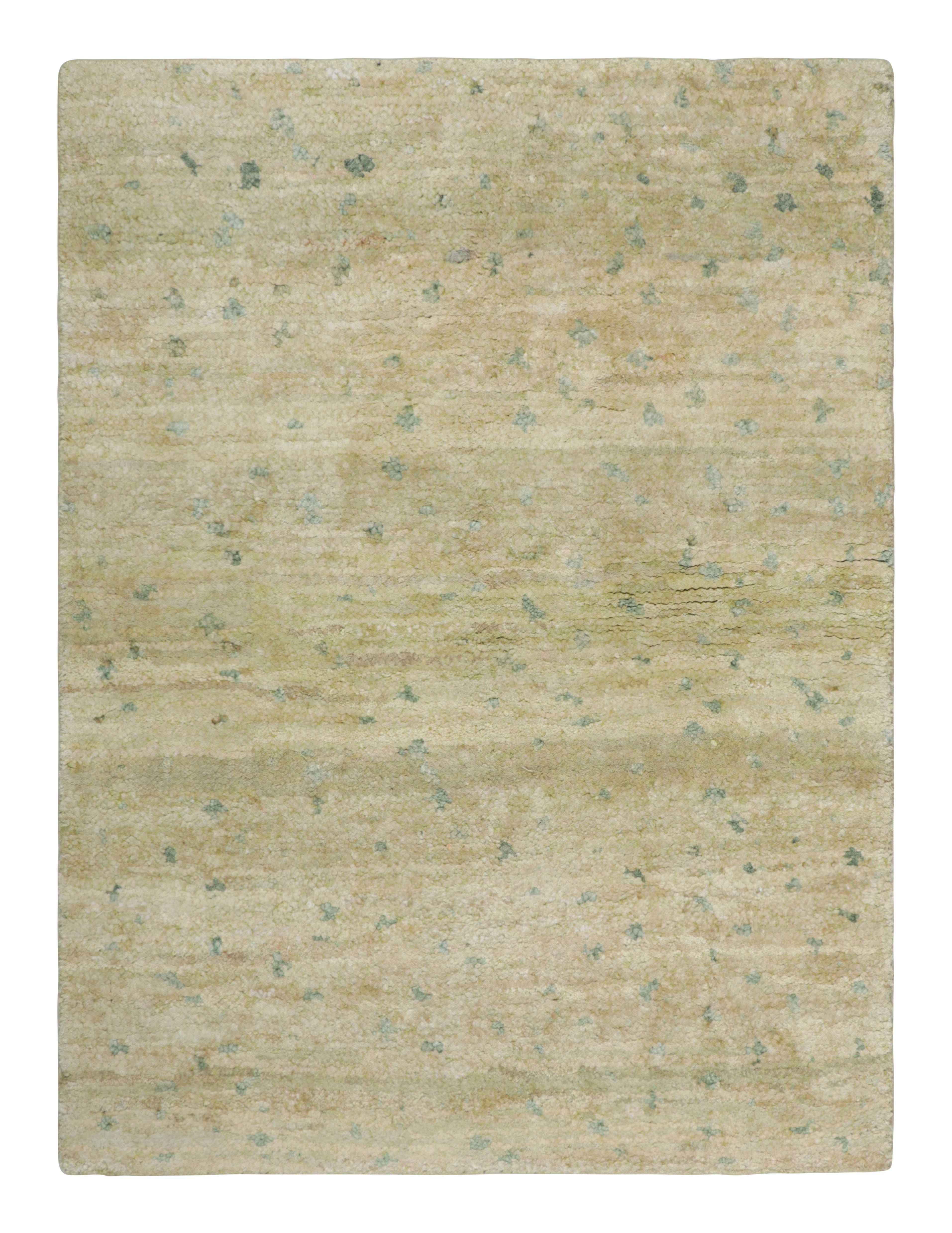 Rug & Kilim's Modern Rug in Green and Beige with Blue Geometric Patterns