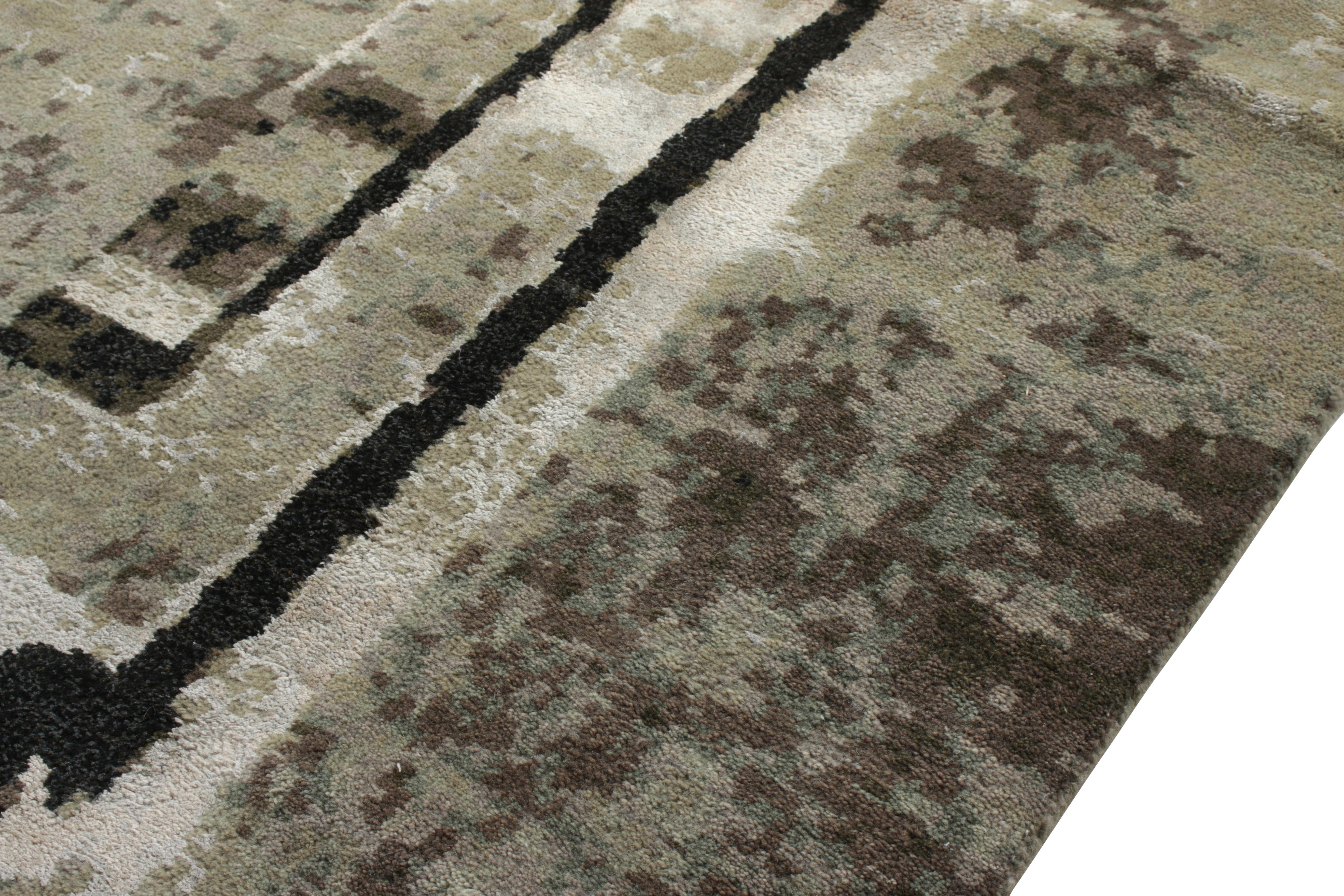 Moderner Teppich von Teppich & Kilims in Grau, Grün, Braun, Schwarz mit geometrischem Muster (Indisch) im Angebot