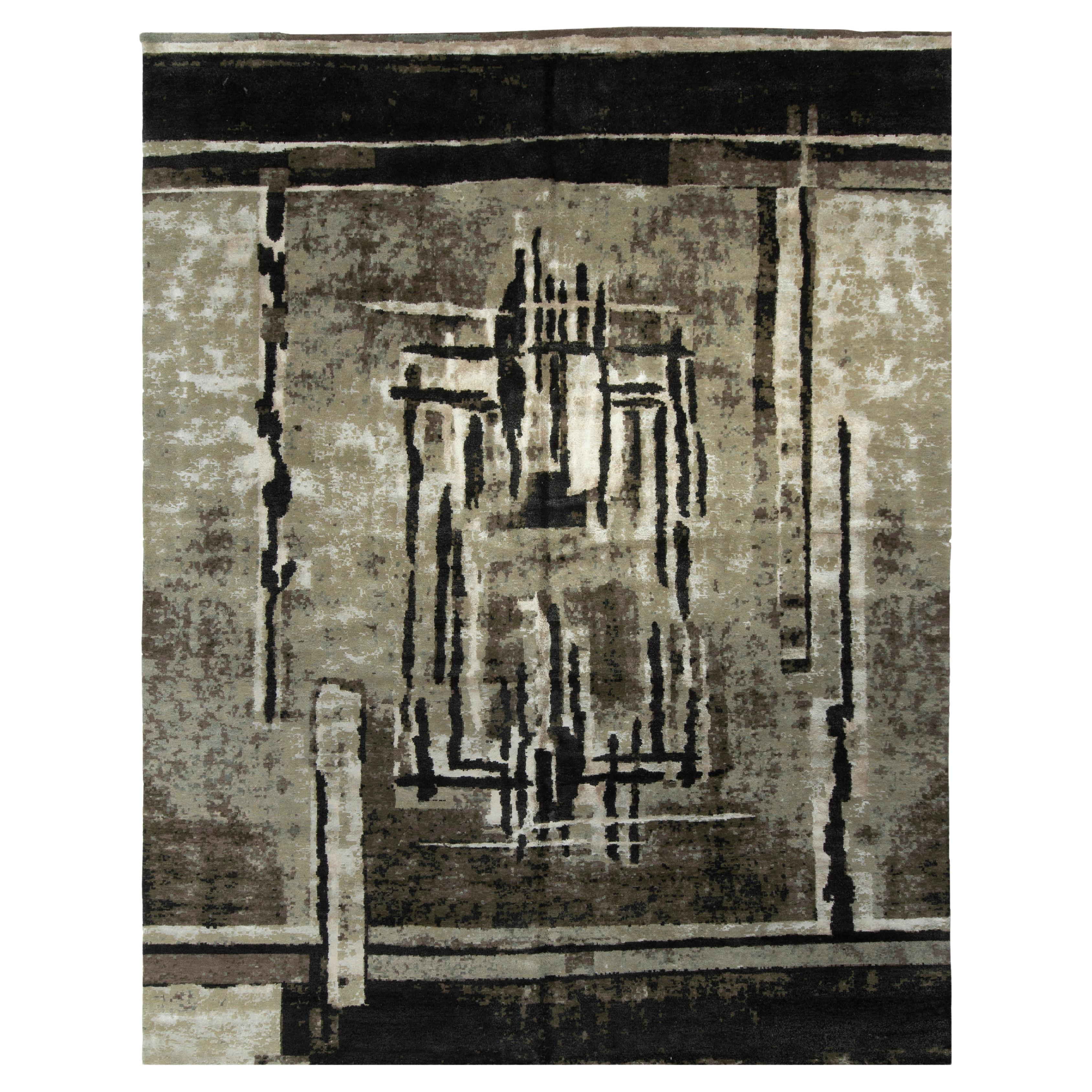 Moderner Teppich von Teppich & Kilims in Grau, Grün, Braun, Schwarz mit geometrischem Muster im Angebot