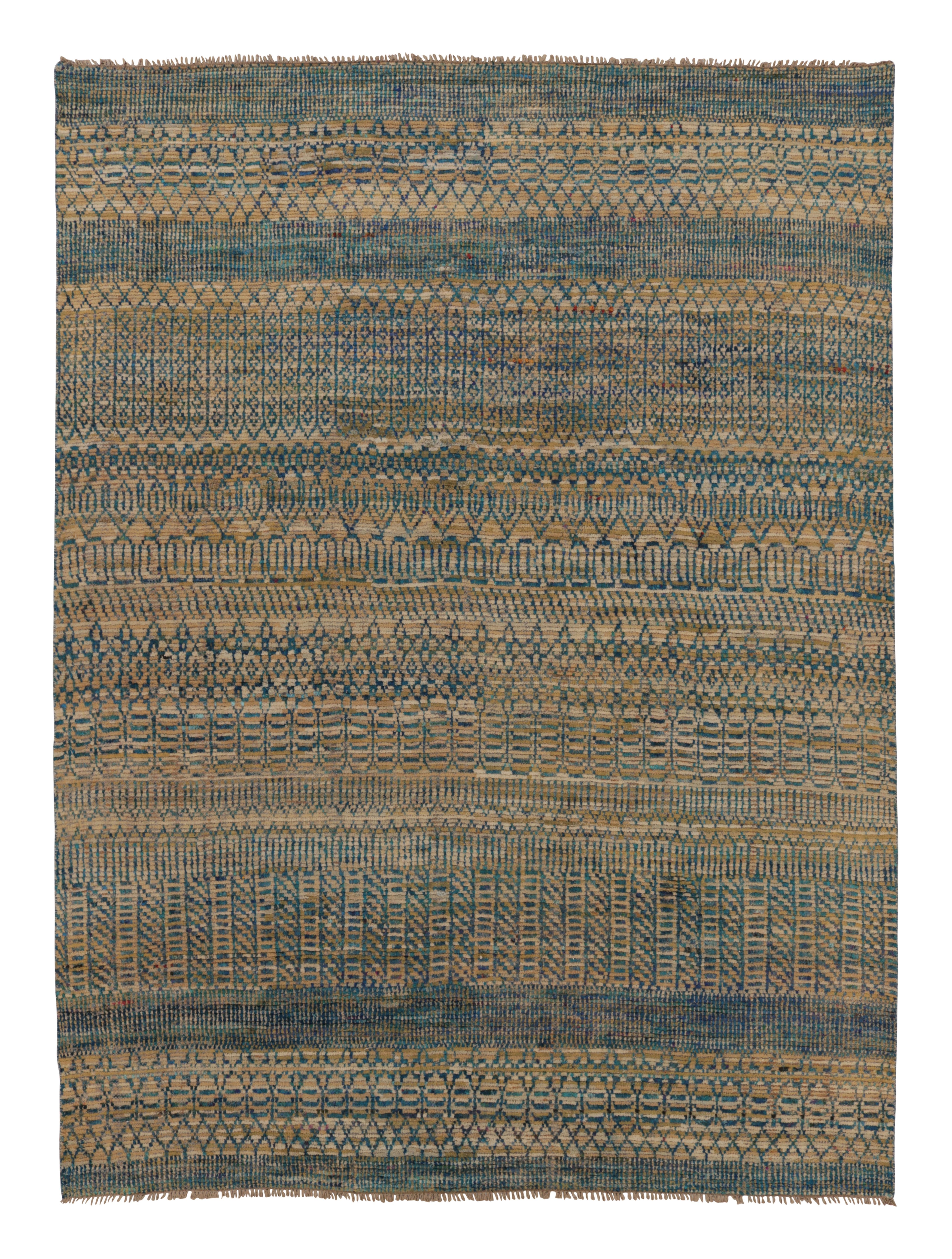 Rug 
Kilim
s Modern Rug in Indigo and Camel Bands with Geometric Motifs For Sale