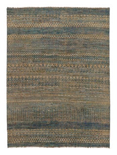 Rug & Kilim's Modern Rug in Indigo and Camel Bands with Geometric Motifs