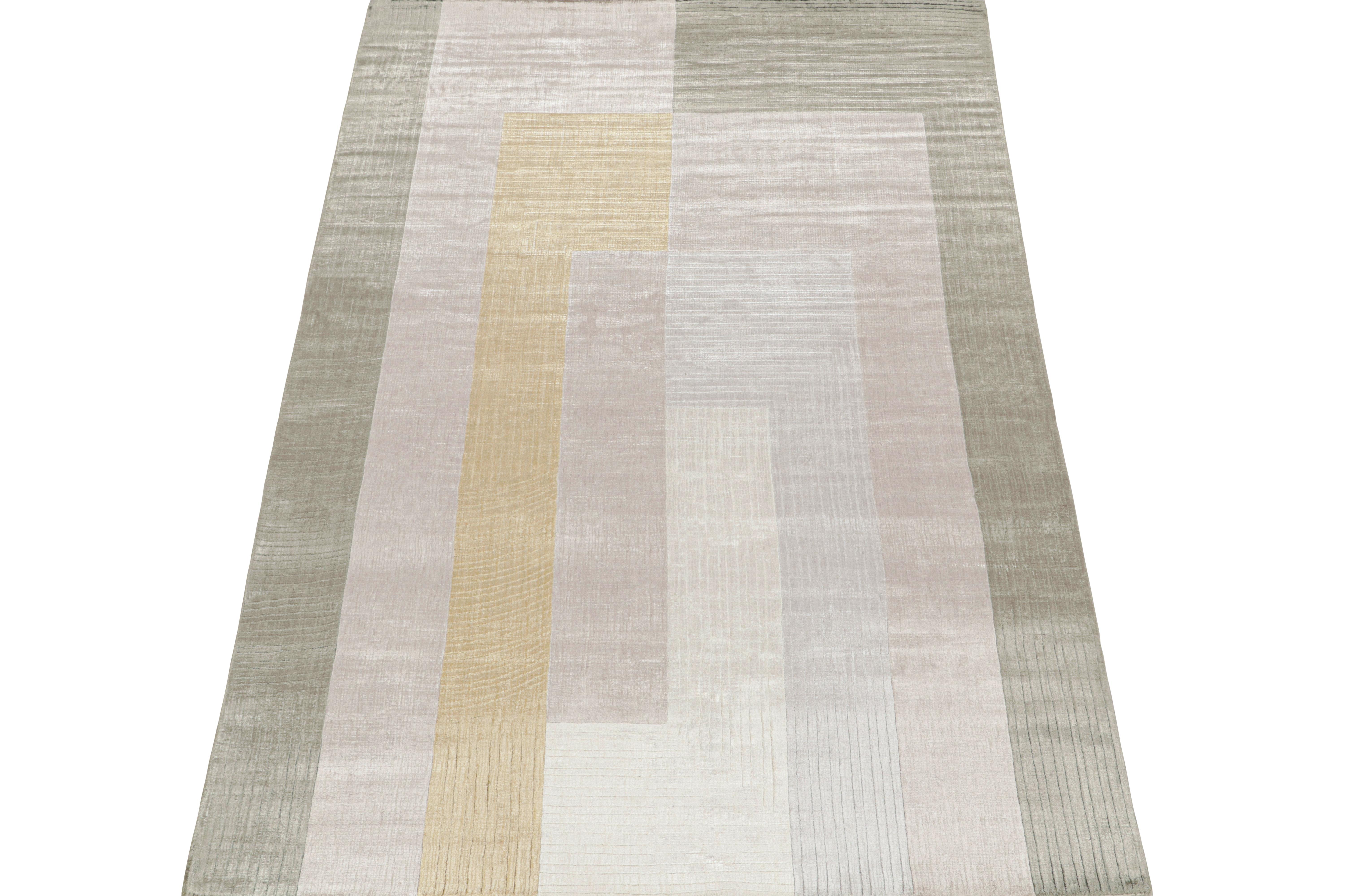 This 5x8 rug is a grand new entry to Rug & Kilim’s Modern Collection. Hand-knotted in art silk.

Connoisseurs will note this piece is from our new Light on Loom line, which includes quicker custom capabilities than ever before. This piece and