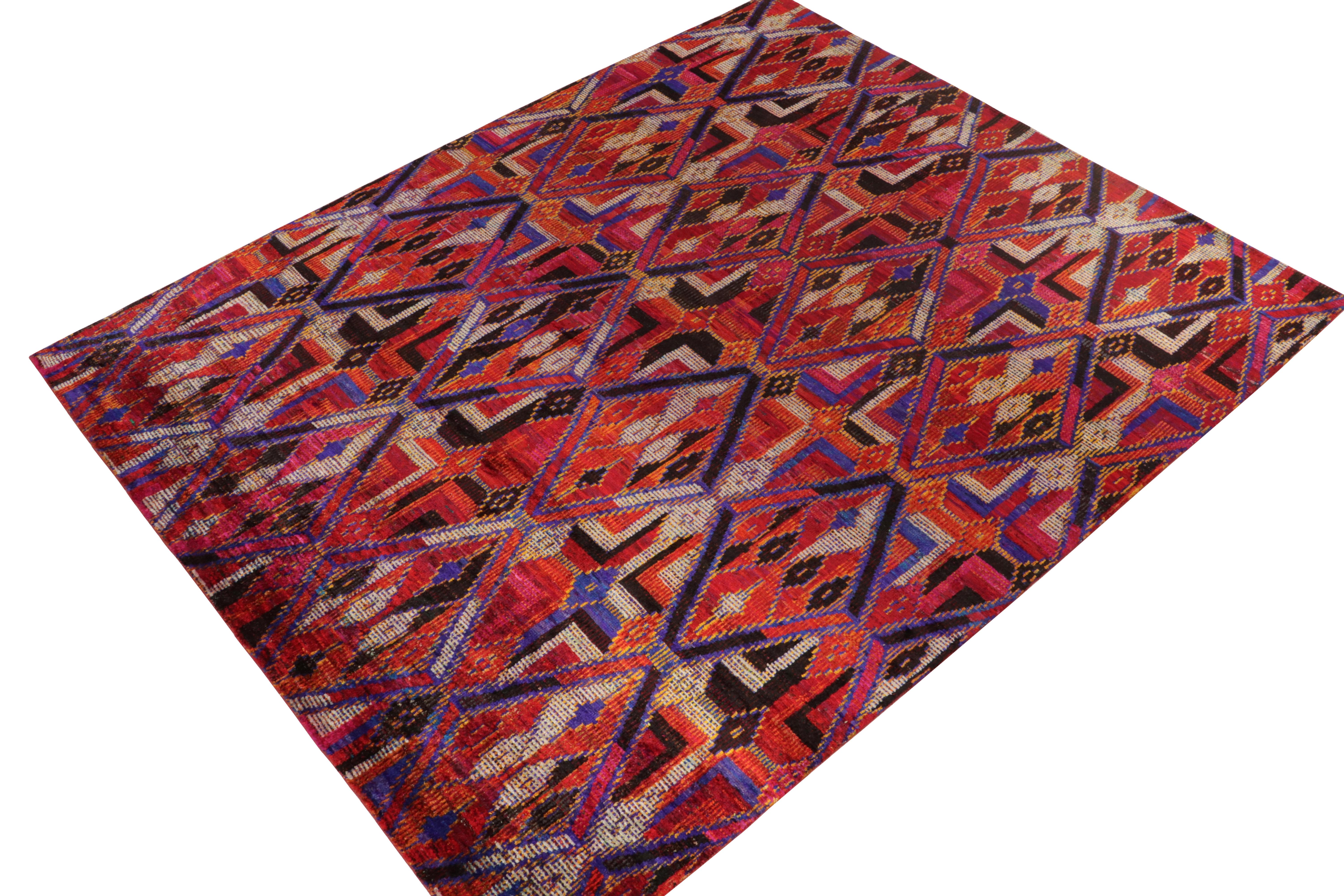 Hand-knotted in a luxurious wool & silk blend, a bold 8x10 contemporary rug with exceptional layering in graphic elements. 

On the Design: The modern design displays a pattern-within-pattern look with diamonds cocooning diamonds in striking red,