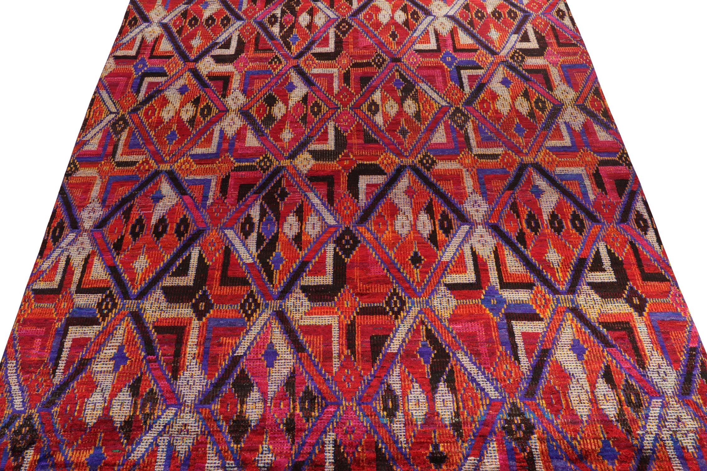 Indian Rug & Kilim’s Modern Rug in Red, Blue and Black Diamond Geometric Patterns For Sale