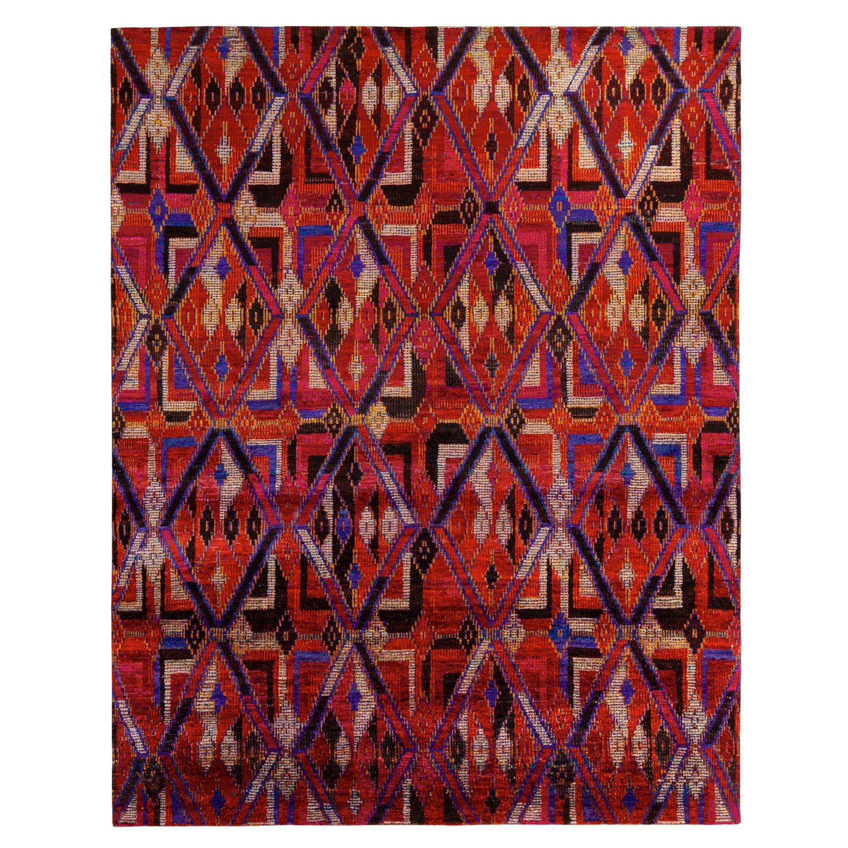 Rug & Kilim’s Modern Rug in Red, Blue and Black Diamond Geometric Patterns For Sale