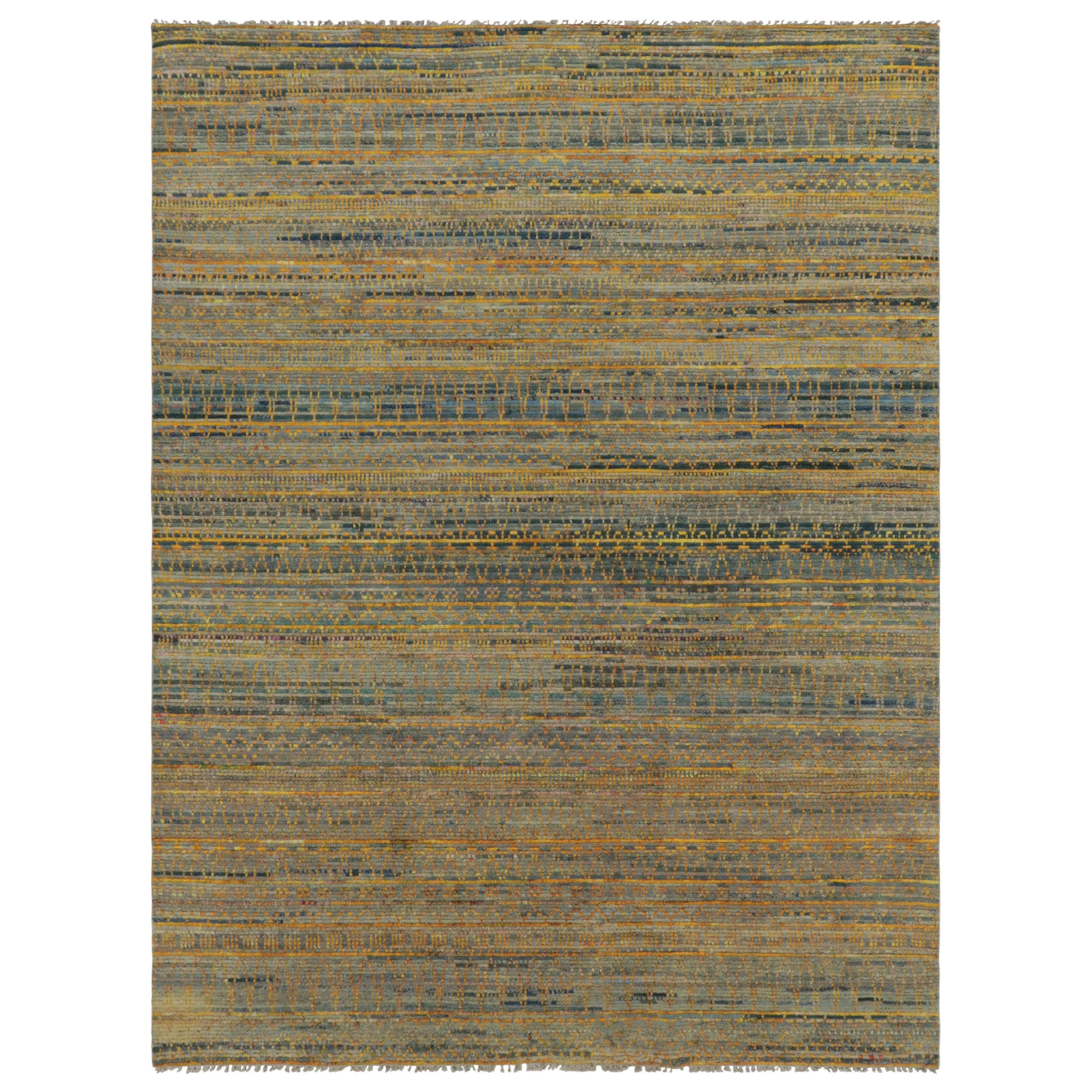 Moderner Teppich von Rug & Kilim in Stahlblau und oxidierten Goldstreifen im Angebot
