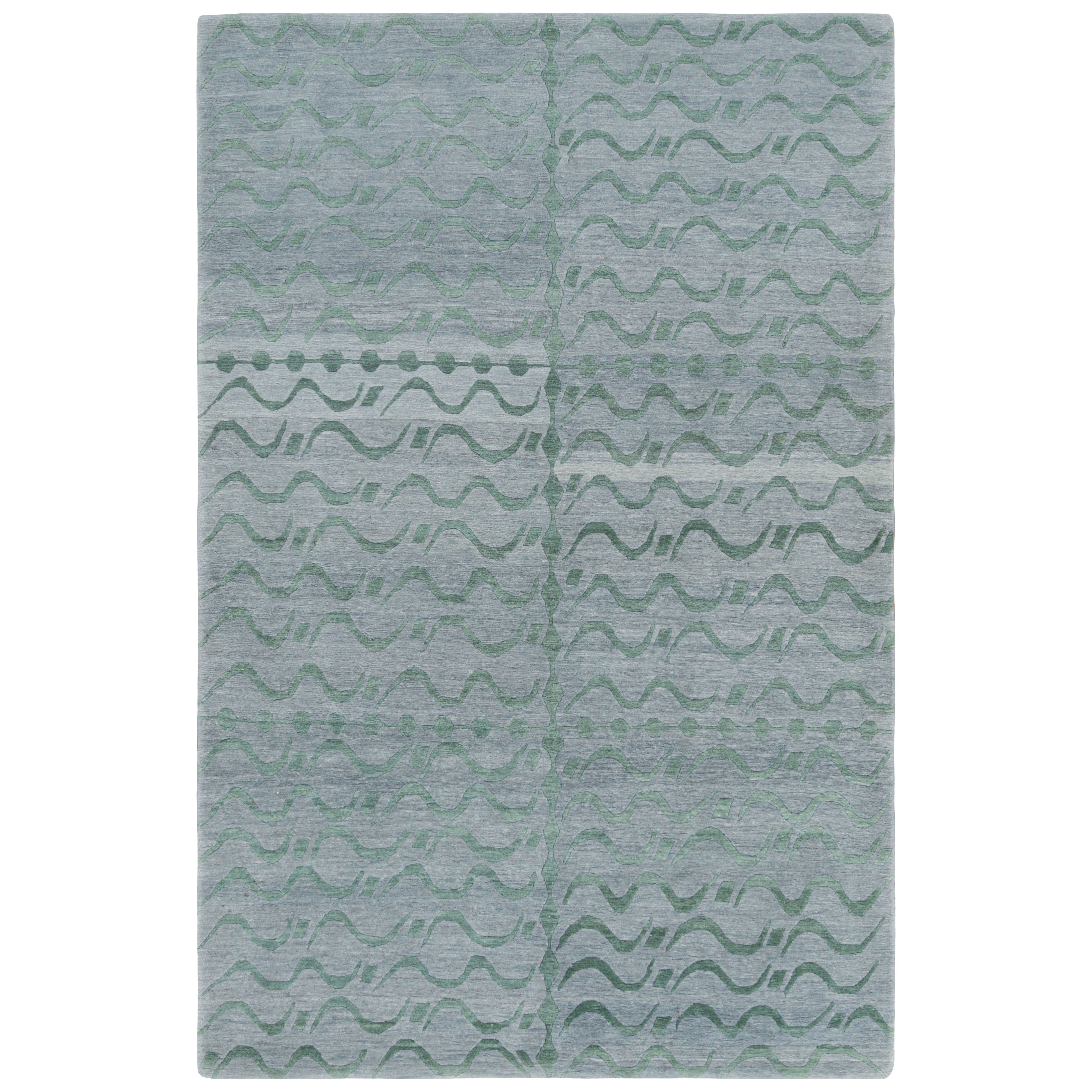 Rug & Kilim's Modern Rug, Silver-Gray with Green Geometric Patterns Youngste