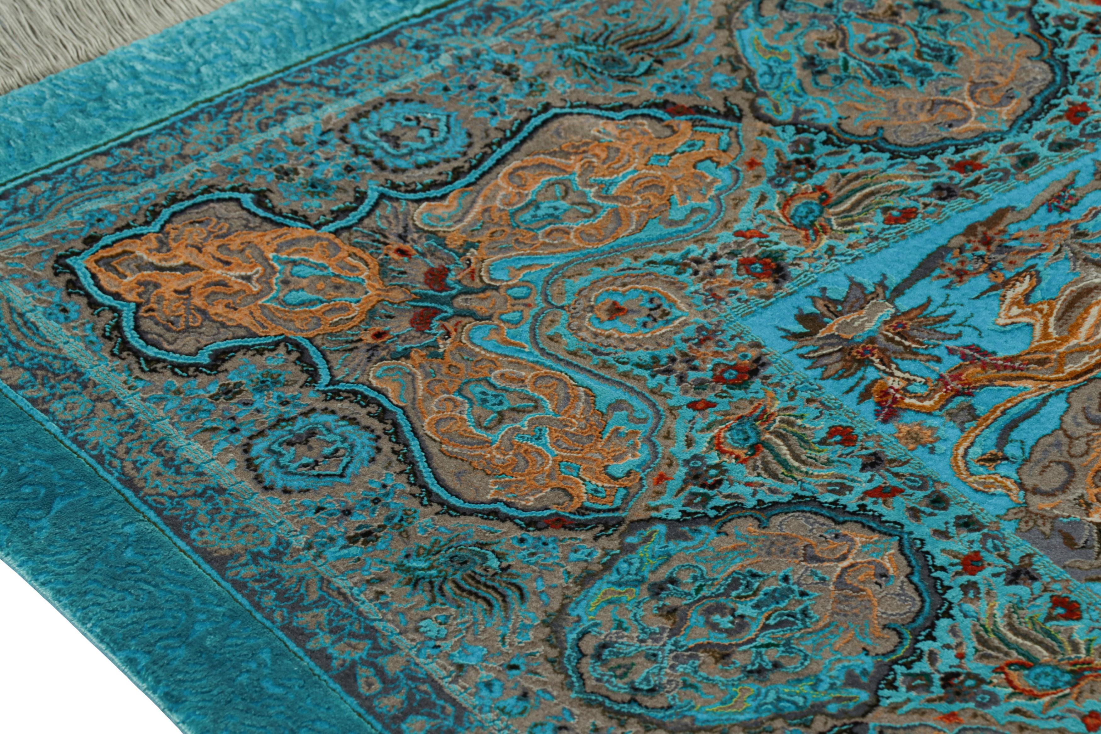 Moderno Tappeto moderno di Rug & Kilim, turchese con vivaci immagini di caccia 