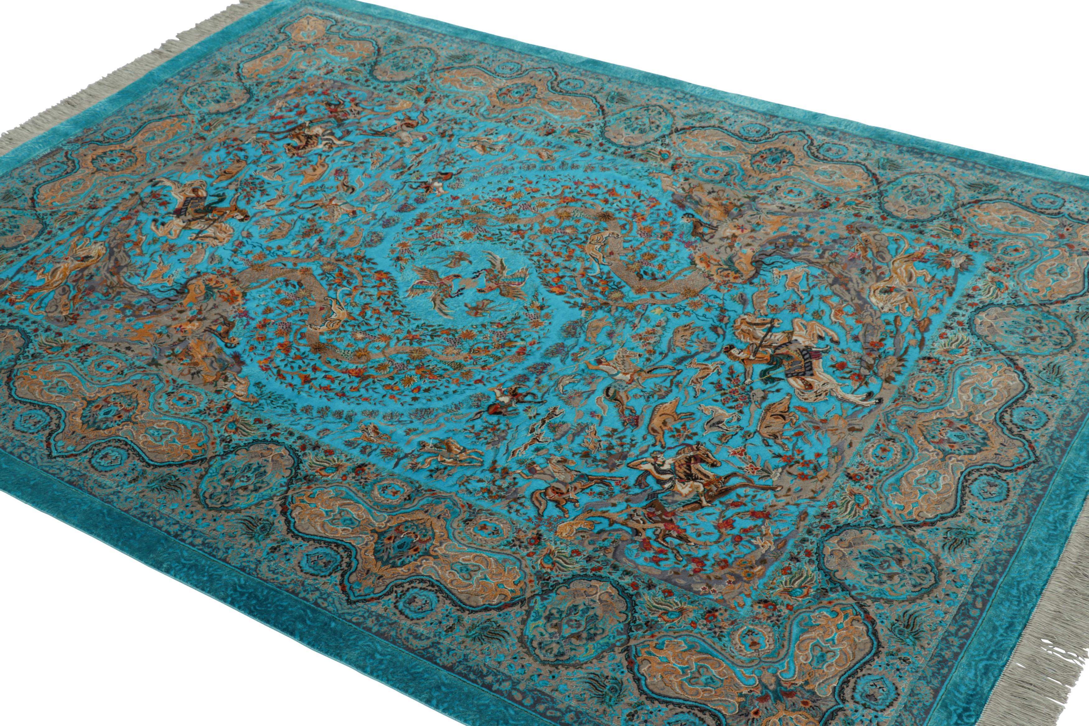 Annodato a mano Tappeto moderno di Rug & Kilim, turchese con vivaci immagini di caccia 