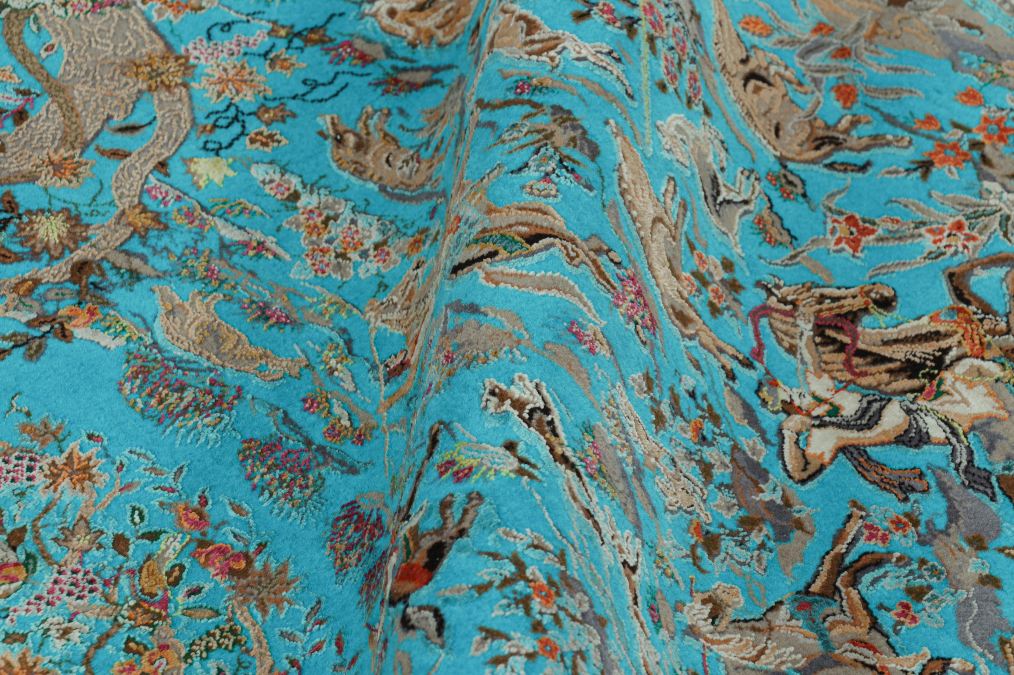 XXI secolo e contemporaneo Tappeto moderno di Rug & Kilim, turchese con vivaci immagini di caccia 