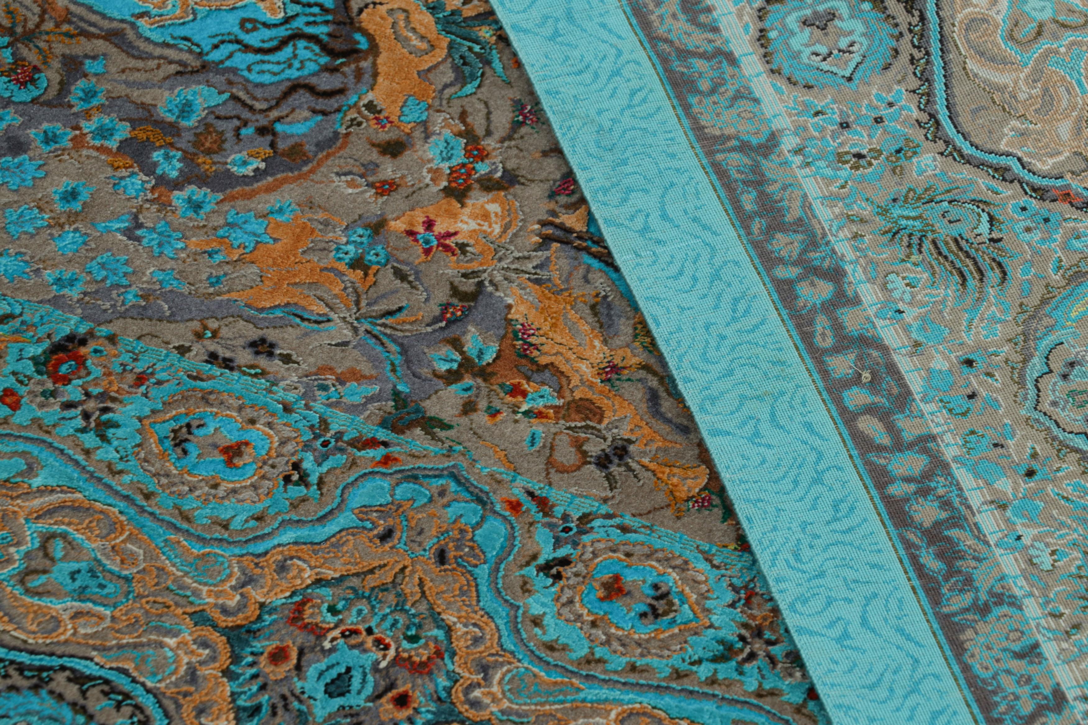 Seta Tappeto moderno di Rug & Kilim, turchese con vivaci immagini di caccia 