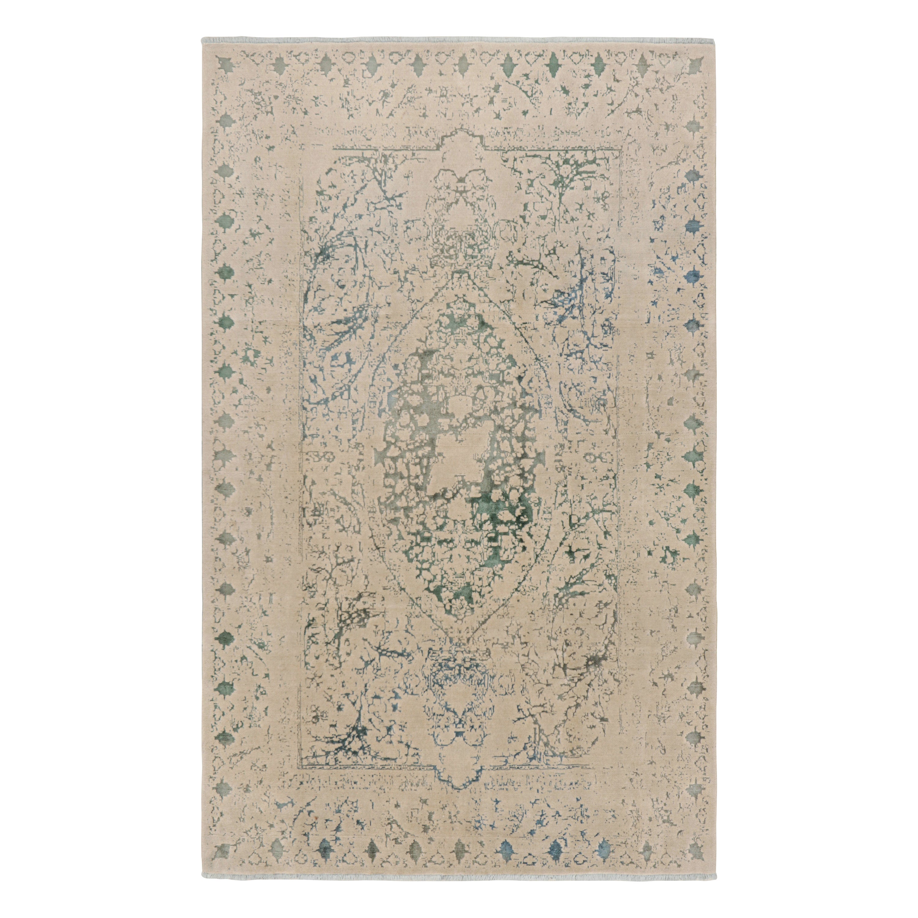 Rug & Kilim’s Modern Rug with Beige and Teal Abstract Patterns and Medallion For Sale