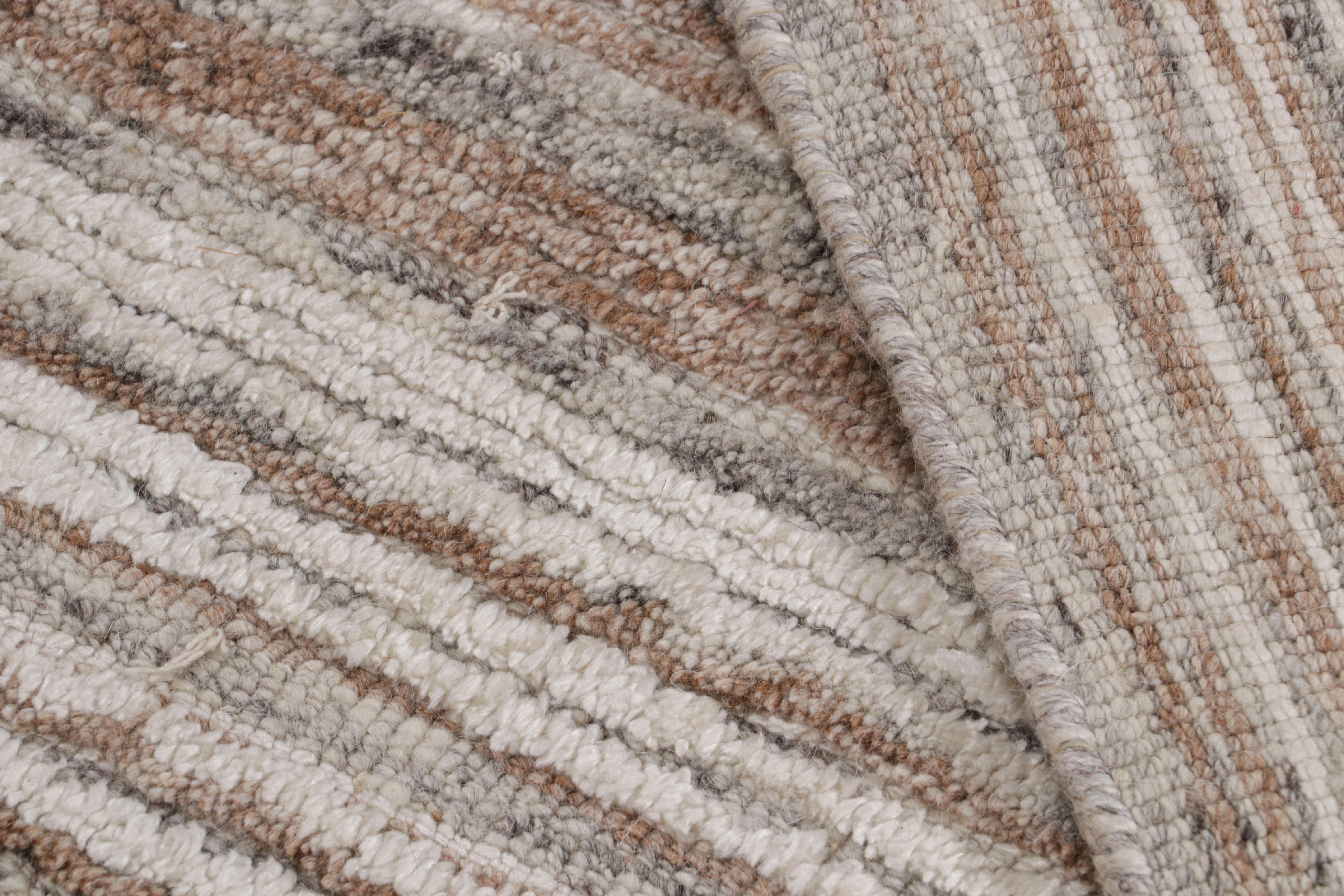 Wool Rug & Kilim’s Modern Rug with Beige/Brown, White and Gray Stripes For Sale