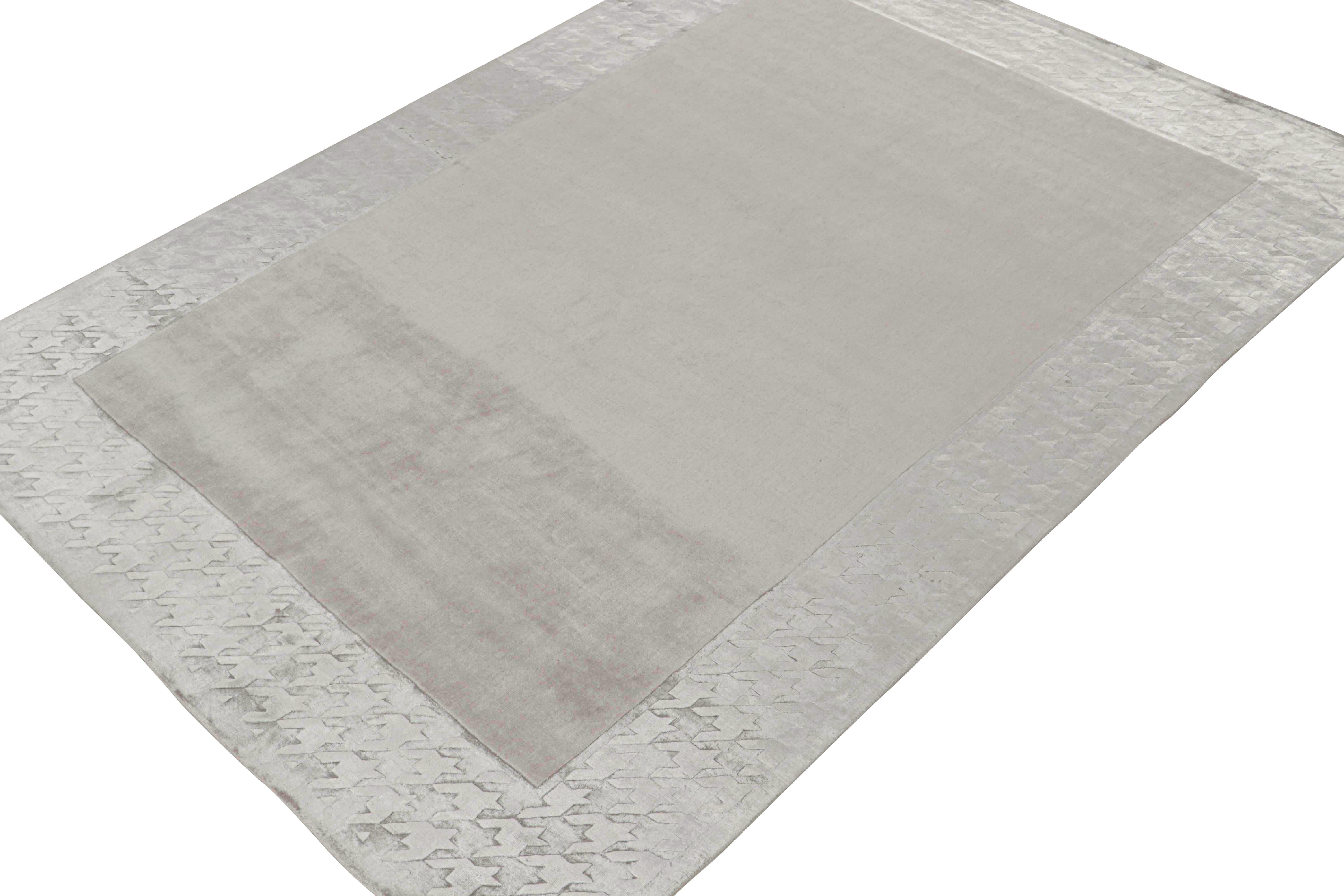 Indian Rug & Kilim’s Modern Rug with Taupe Open Field and Silver-Gray Border For Sale