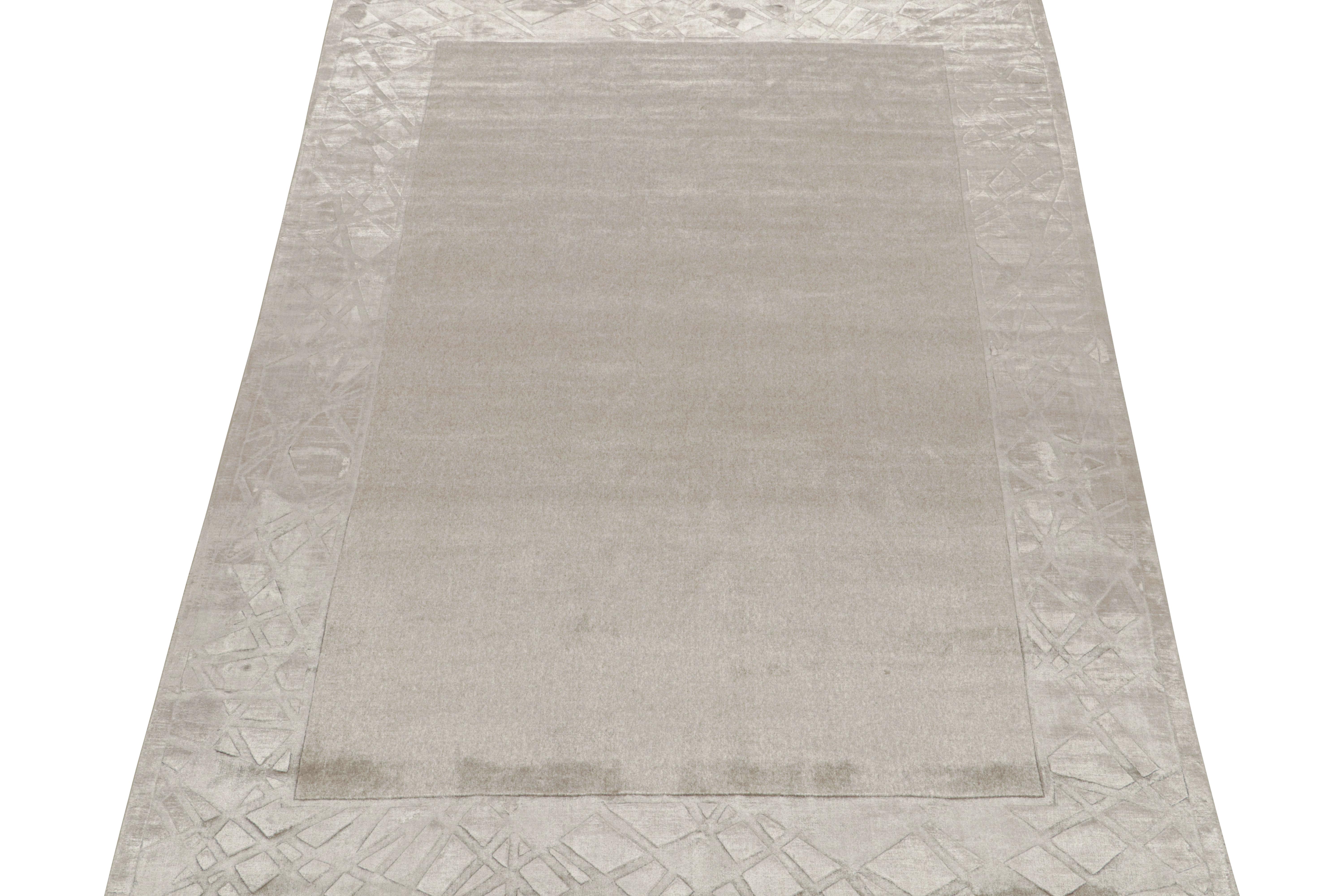 Indian Rug & Kilim’s Modern Rug with Taupe Open Field and Silver-Gray Border For Sale
