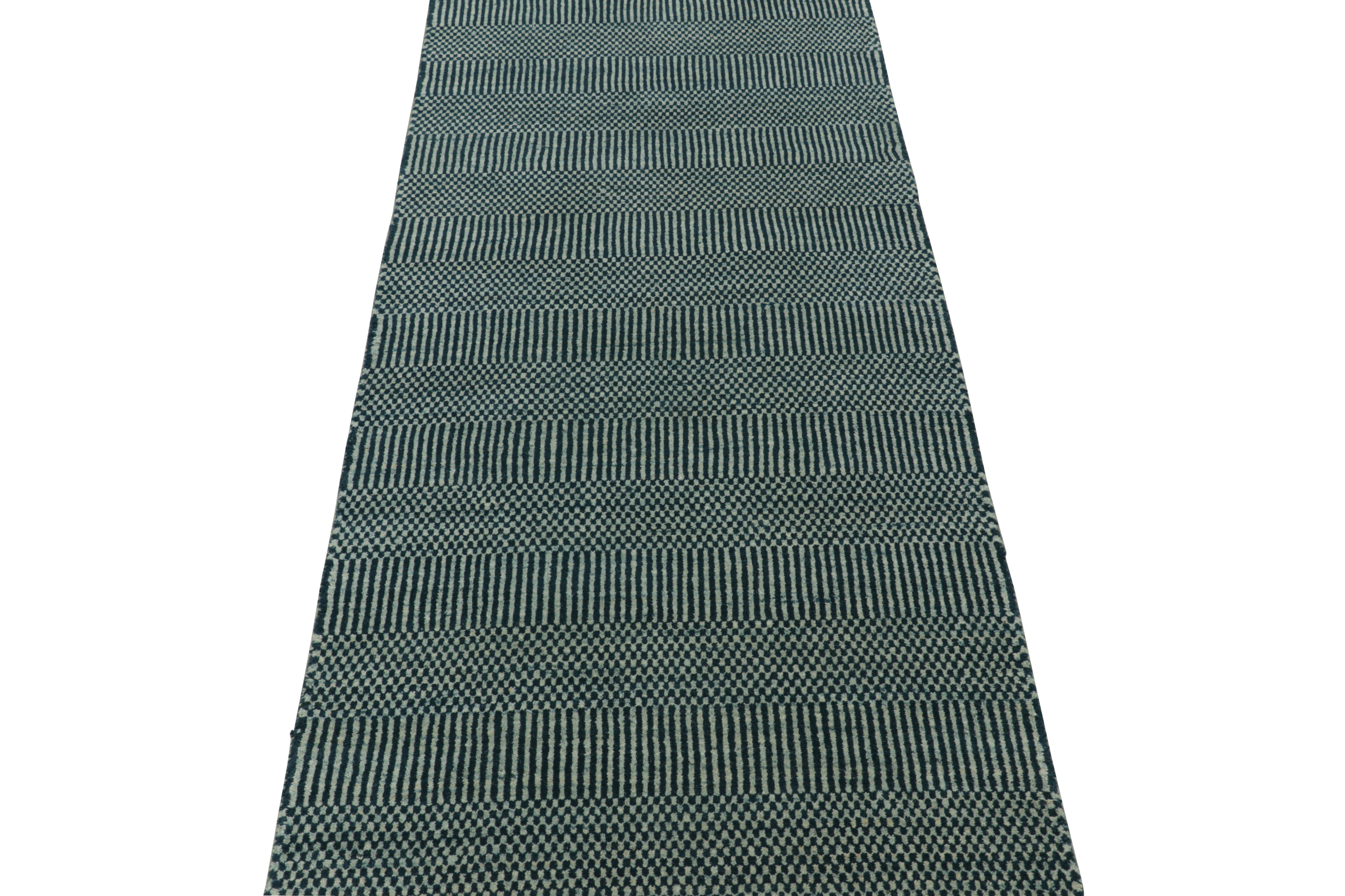 This wool 3x10 runner rug is a new addition to Rug & Kilim’s Modern Collection, and represents a new series of custom-capable contemporary designs. 

On the Design: 

The all over pattern is a play of stripes and geometric patterns together, which