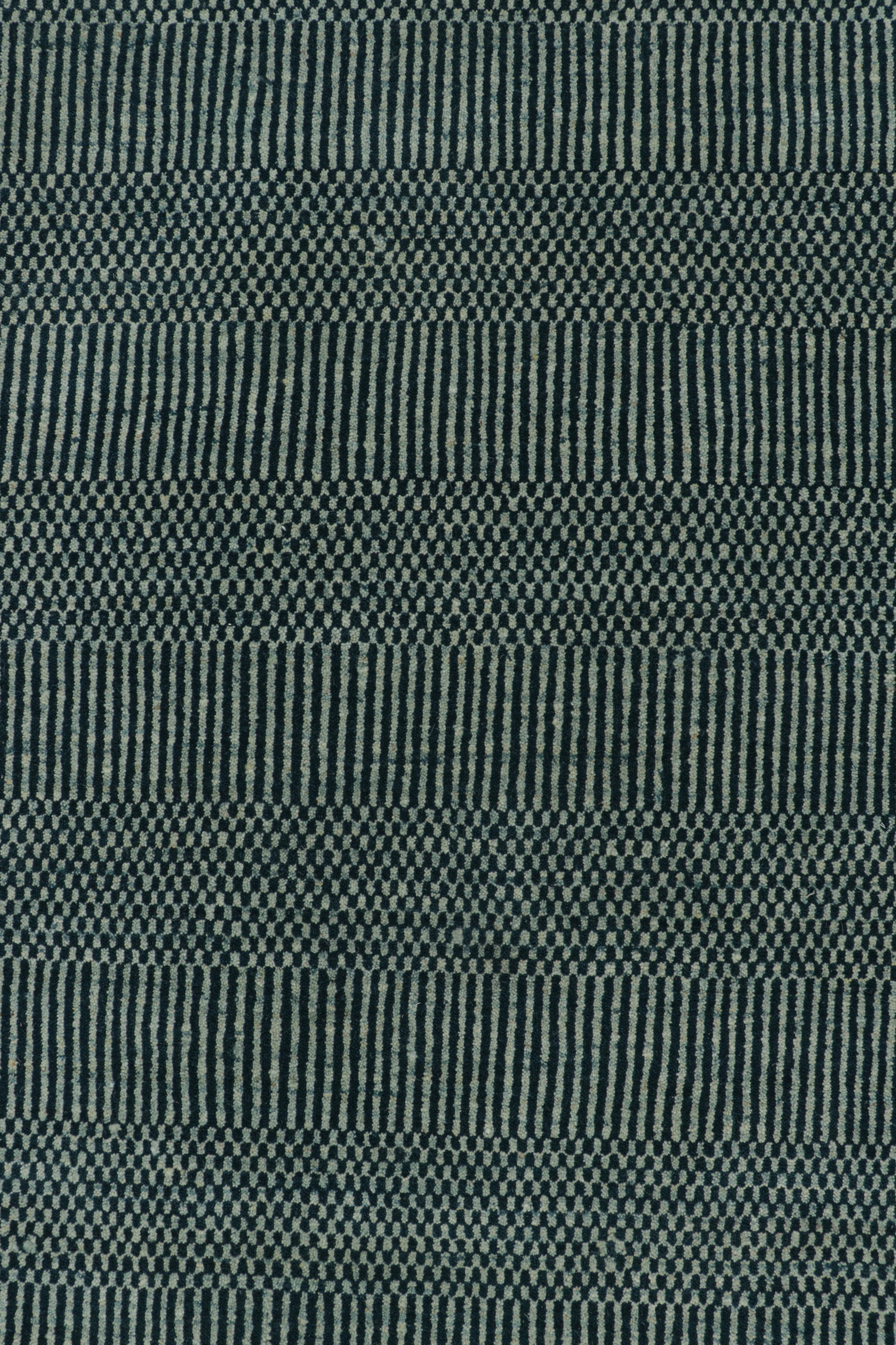 Contemporary Rug & Kilim’s Modern Runner in Blue and Cream with Stripes and Geometric Pattern For Sale