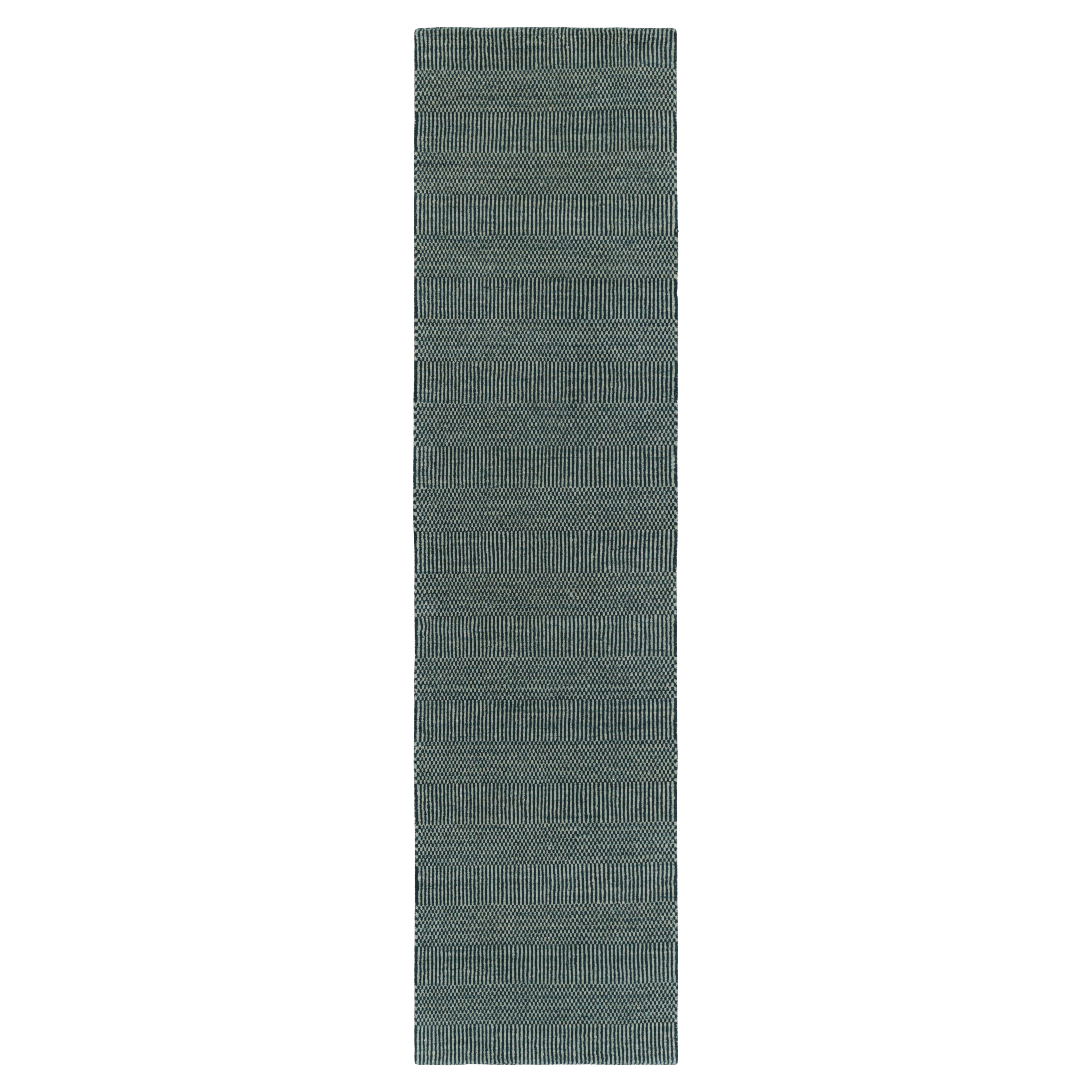 Rug
Kilim
s Modern Runner in Blau und Creme mit Streifen und geometrischen Mustern