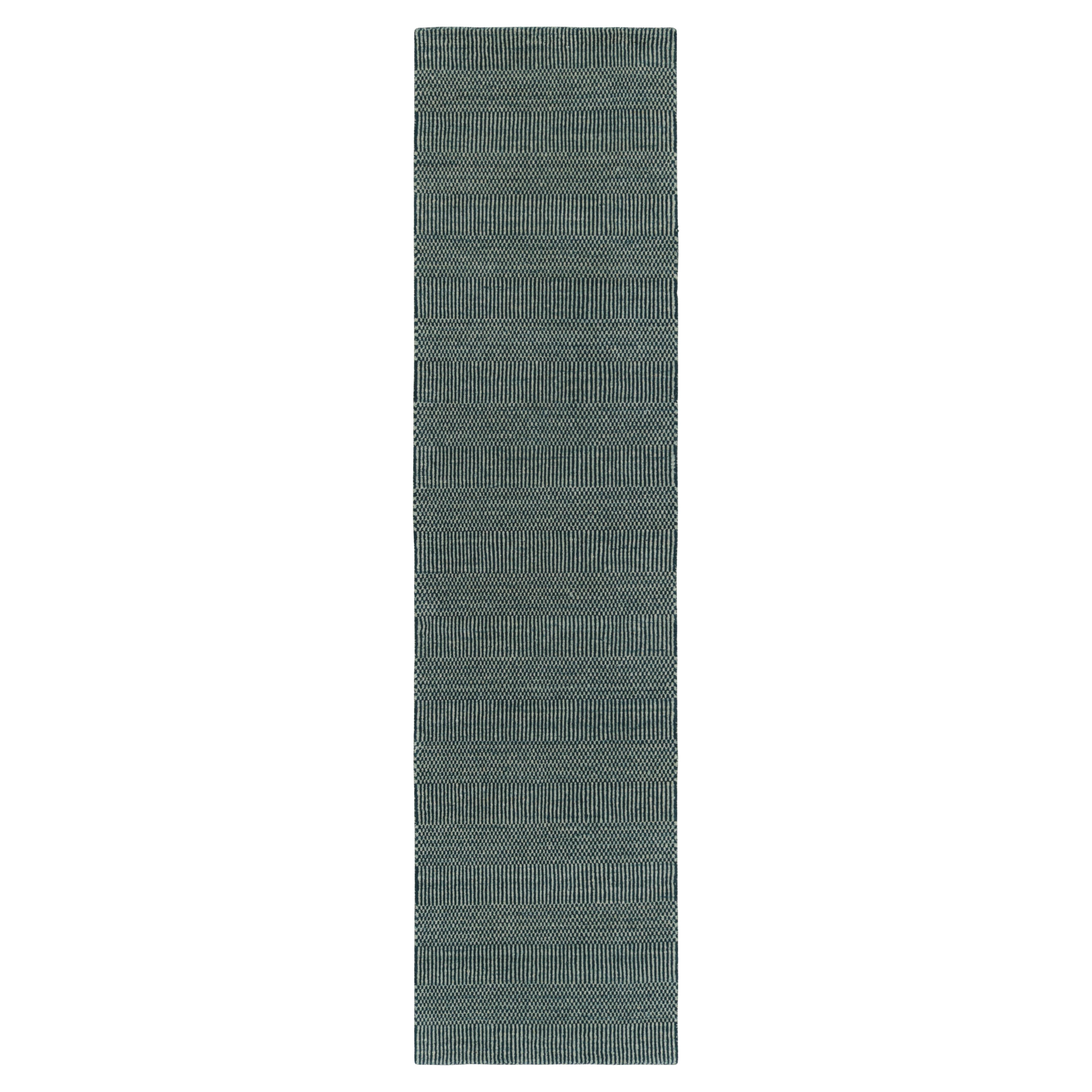 Rug & Kilim’s Modern Runner in Blue and Cream with Stripes and Geometric Pattern For Sale
