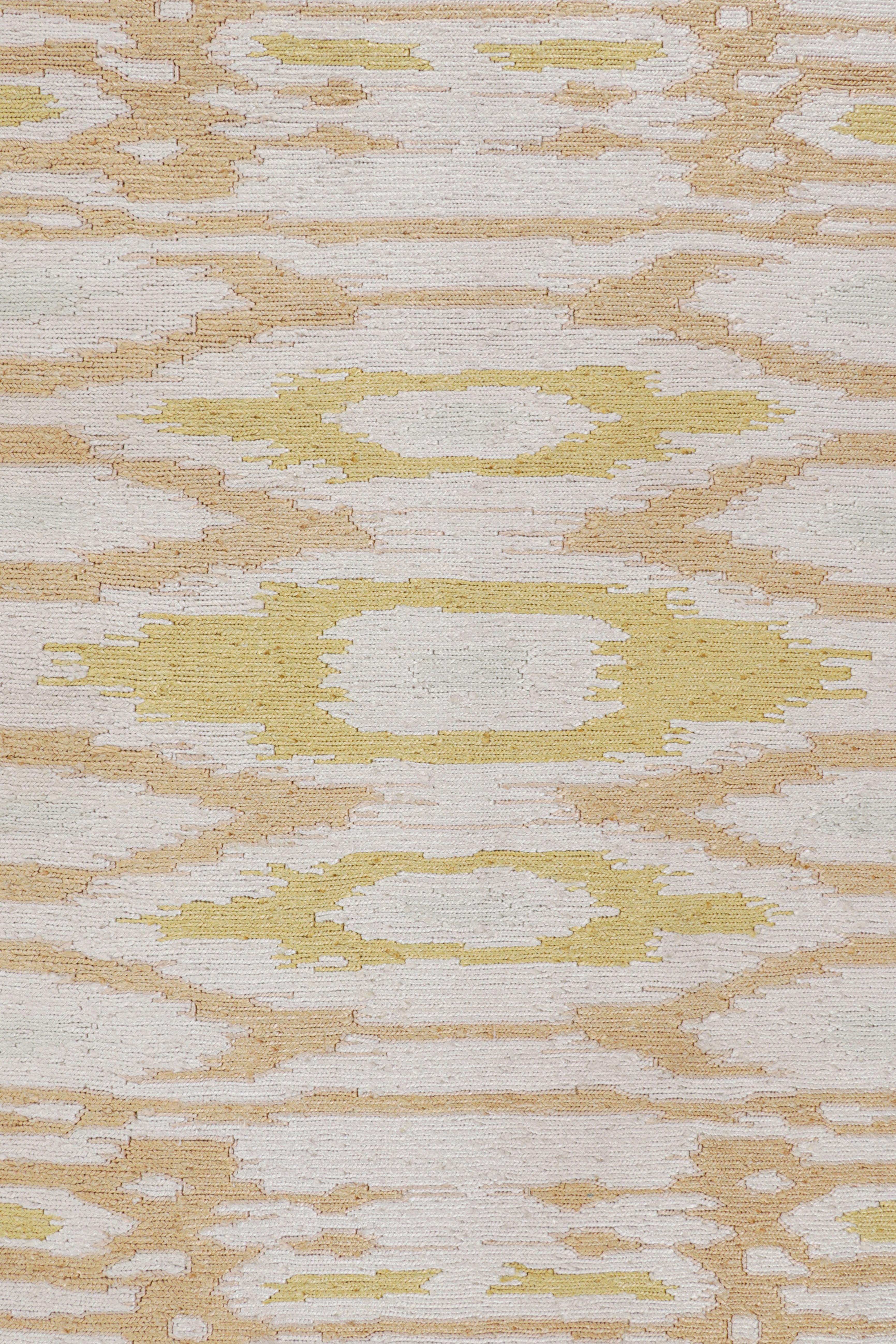 Wool Rug & Kilim’s Modern Square Kilim with Beige, Gold, and White Ikats Pattern For Sale