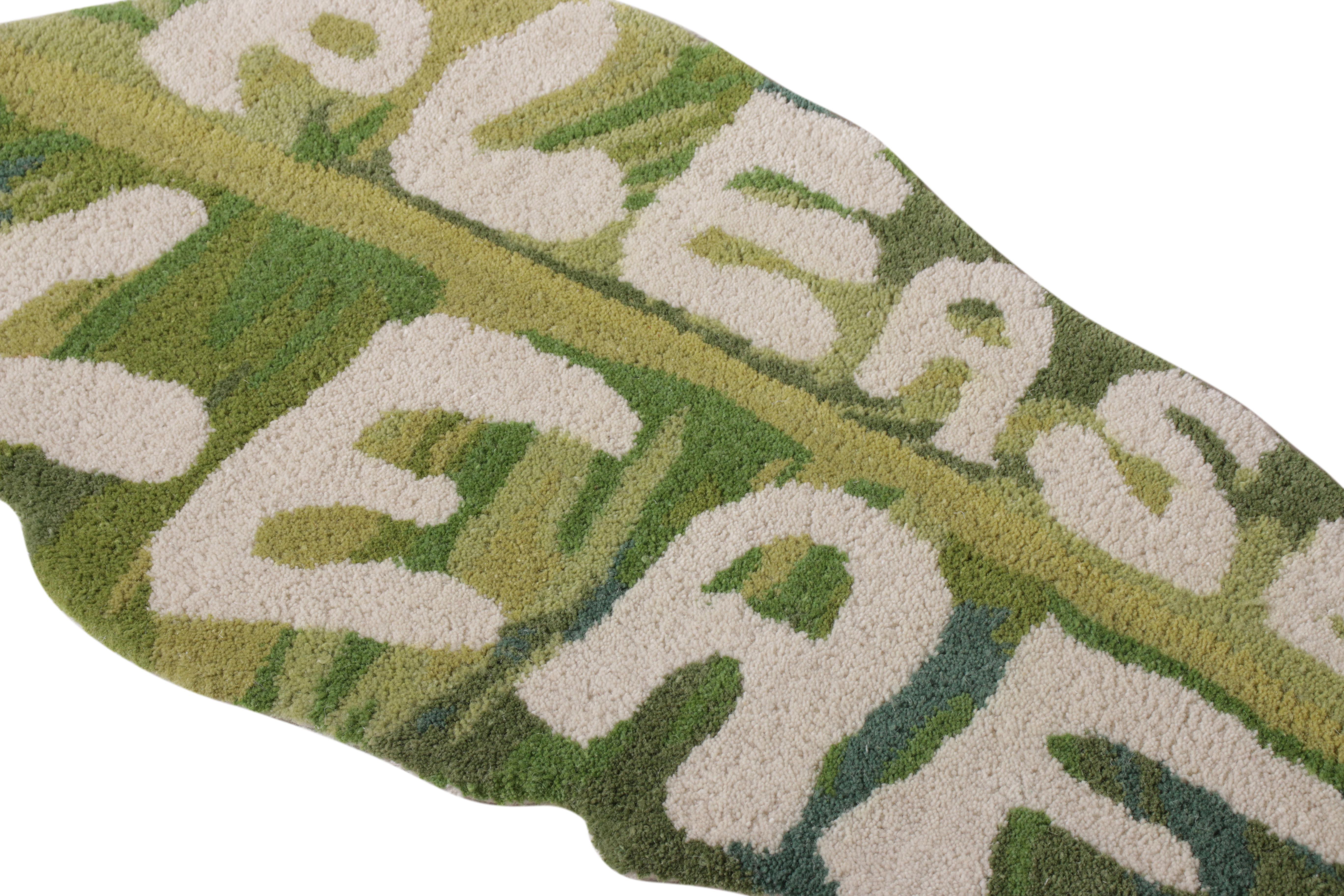 Indian Rug & Kilim’s Modern Text Rug, Green and White Floral Mat For Sale