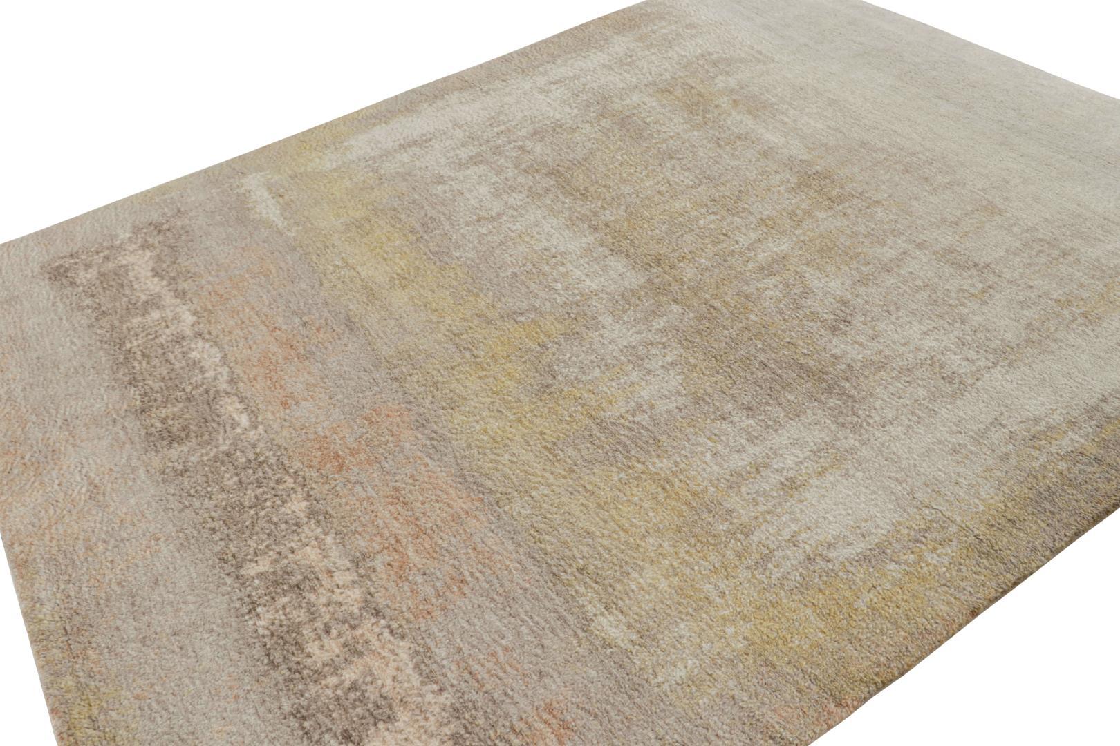 Hand-knotted in a luxurious pashmina, this 8x10 textural high-pile rug is a simple piece of neutrals and a subtle abstract geometric pattern.  

On the Design: 

Keen eyes will admire this neutral rug with abstract geometric patterns and a lush,