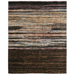 Rug
Kilim
s Modern Textural Rug, dunkle polychromatische Streifen über Brauntönen