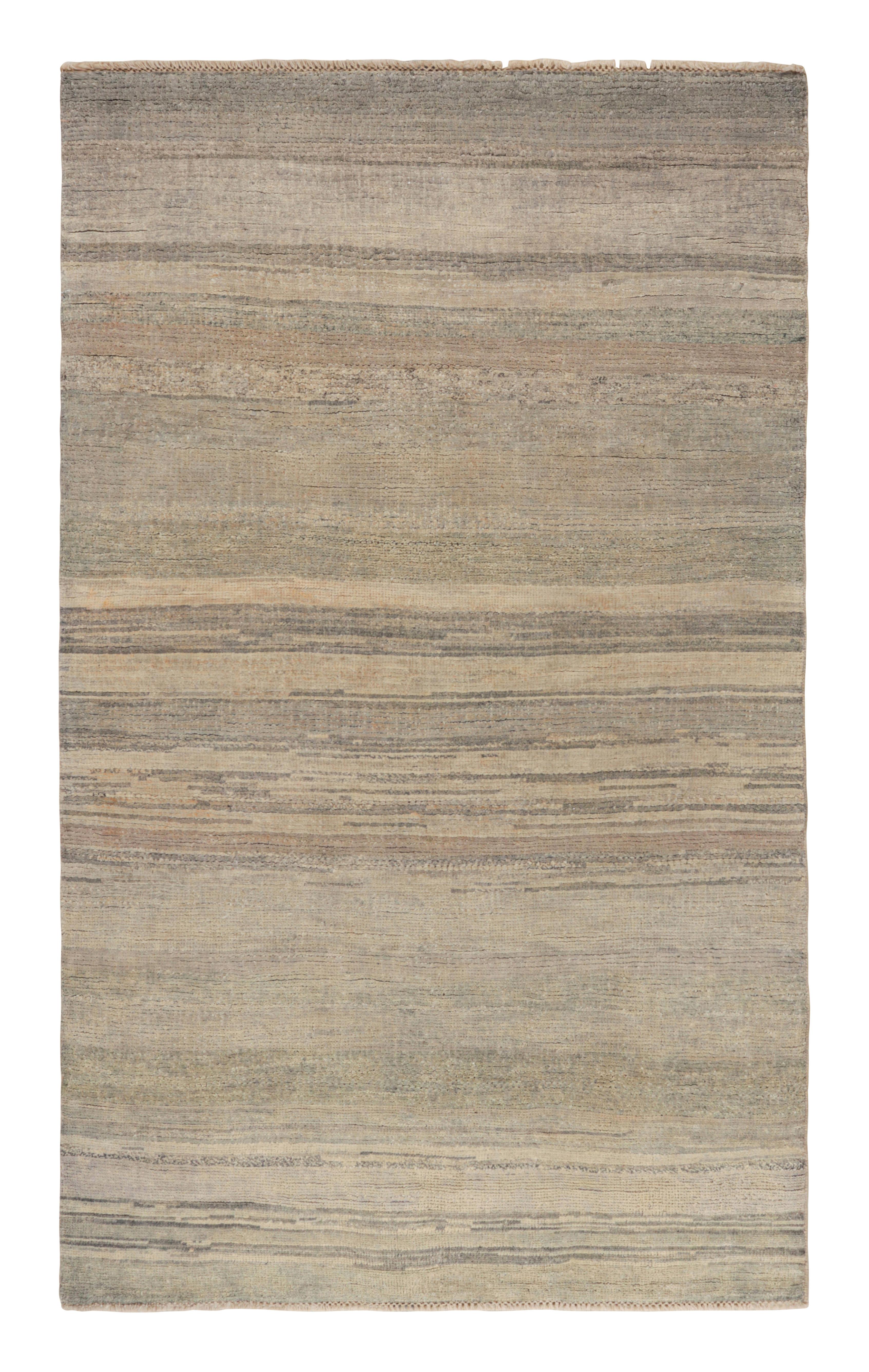 Wool Rug & Kilim’s Modern Textural Rug in Beige-Brown Geometric Stripes and Striae For Sale