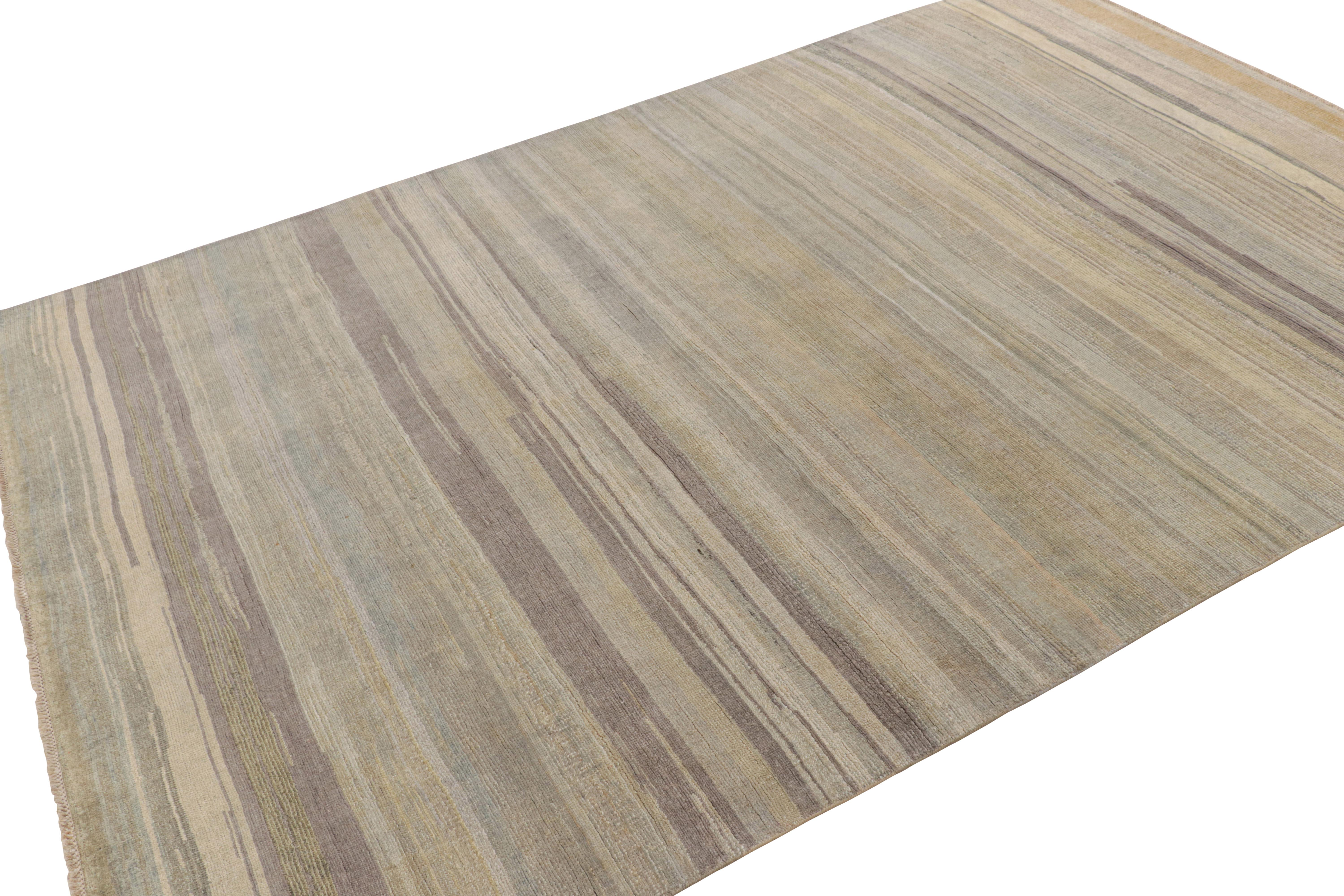 Hand-Knotted Rug & Kilim’s Modern Textural Rug in Beige, Gray and Blue Stripes and Striae For Sale