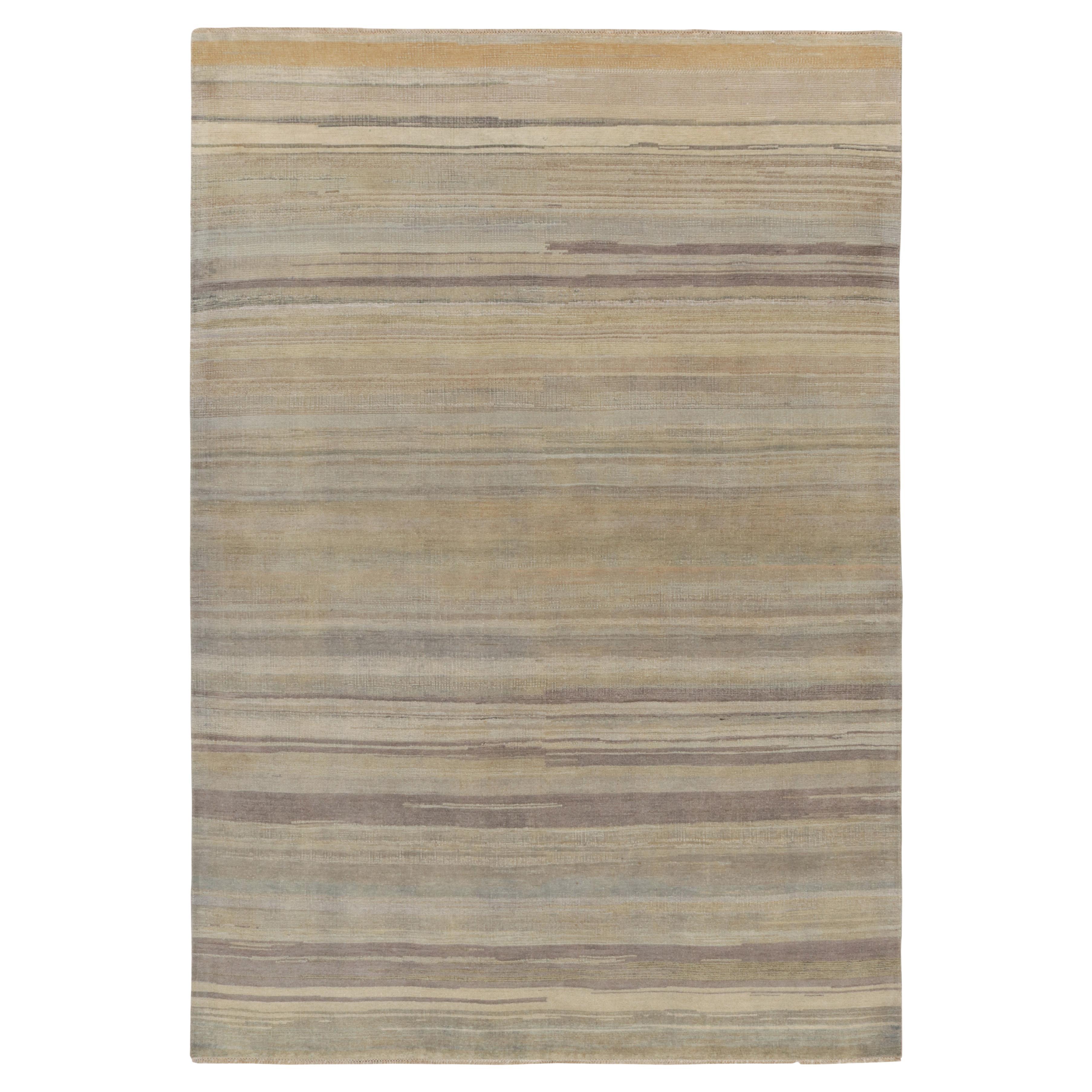 Rug & Kilim's Modern Textural Rug in Beige, Gray and Blue Stripes and Striae (Tapis à rayures beige, gris et bleu)