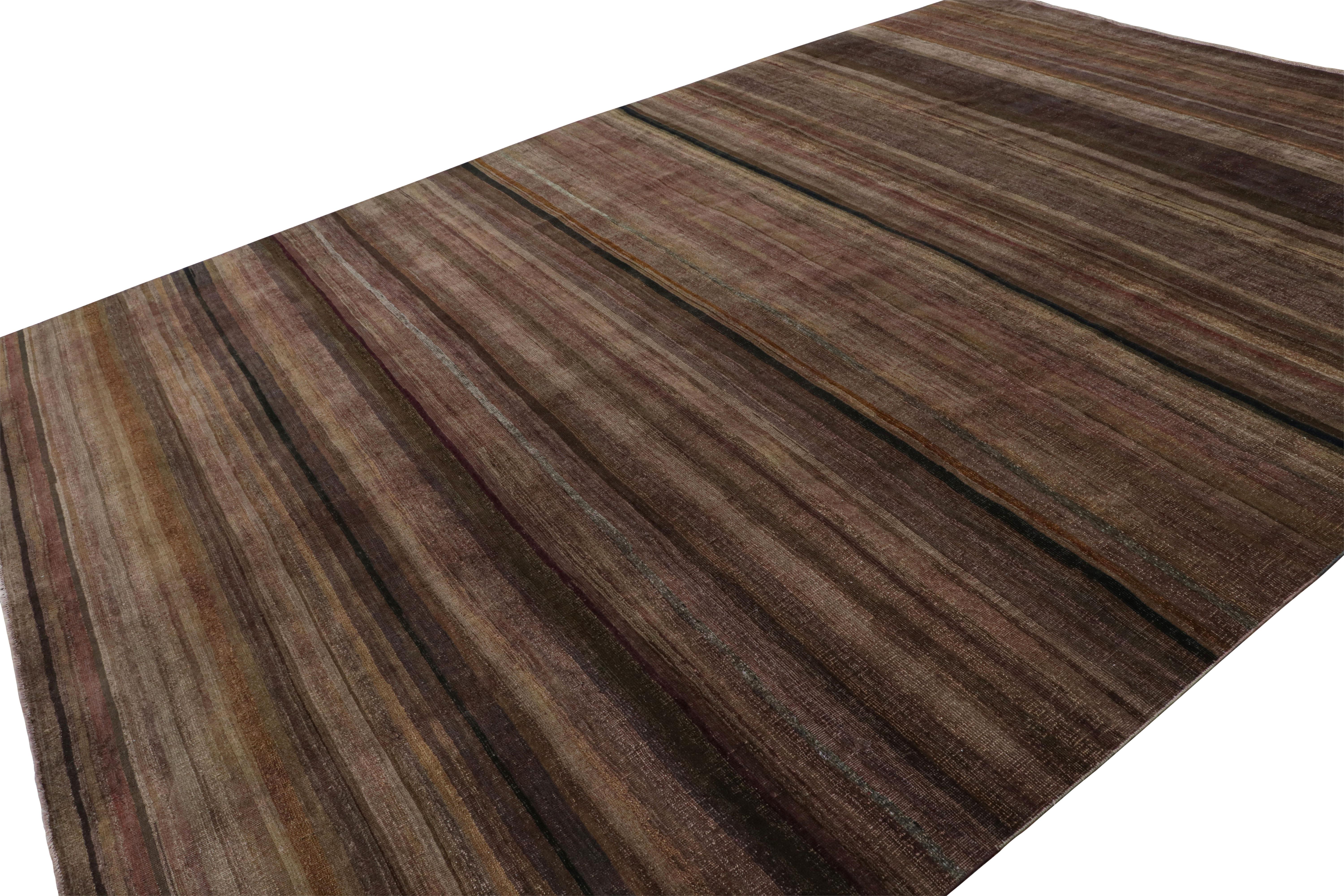 Rug & Kilim's Modern Textural Rug in Brown und Purple Stripes and Striae (Handgeknüpft) im Angebot