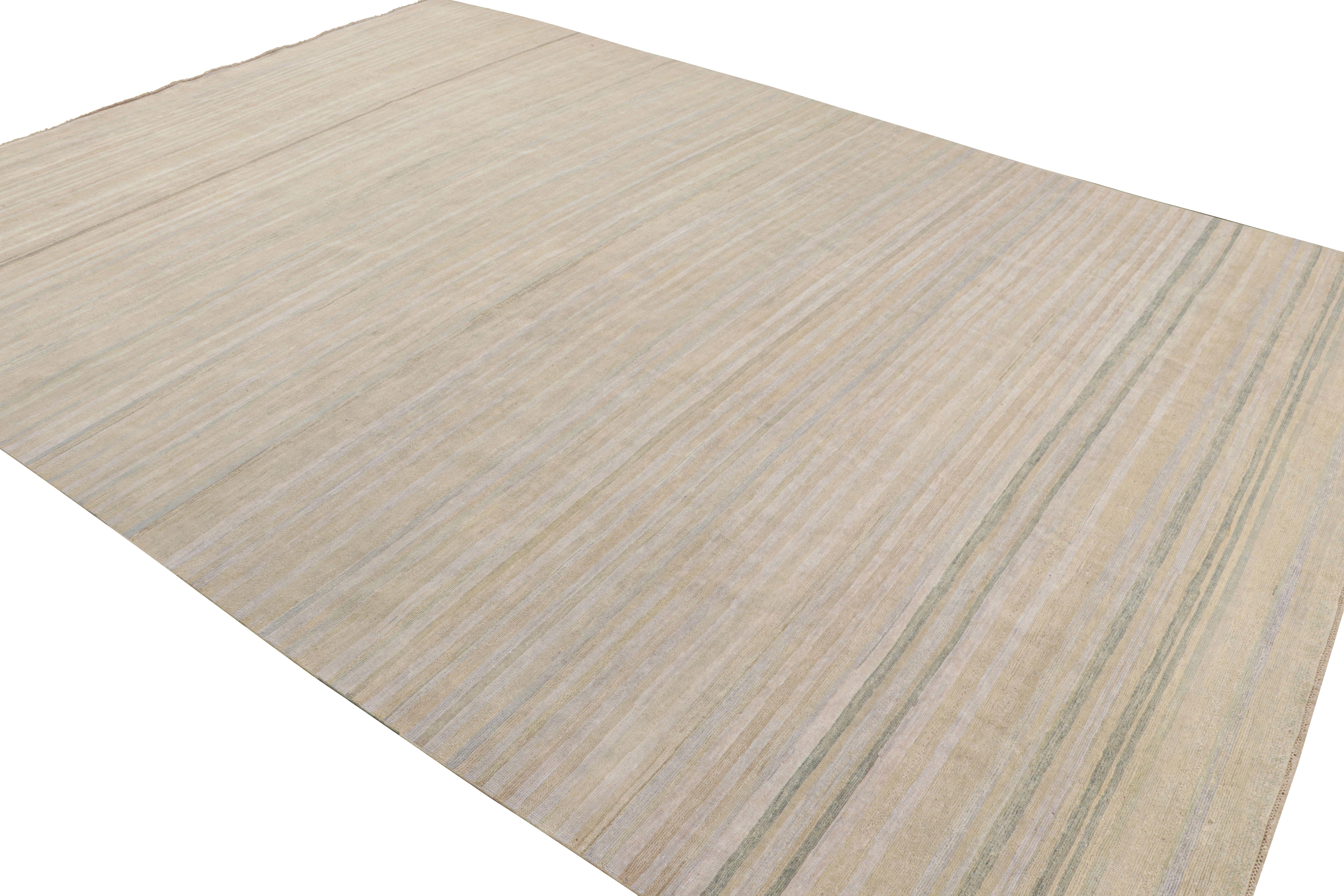 Hand-Knotted Rug & Kilim’s Modern Textural Rug in Creamy Beige and Light Blue Stripes For Sale