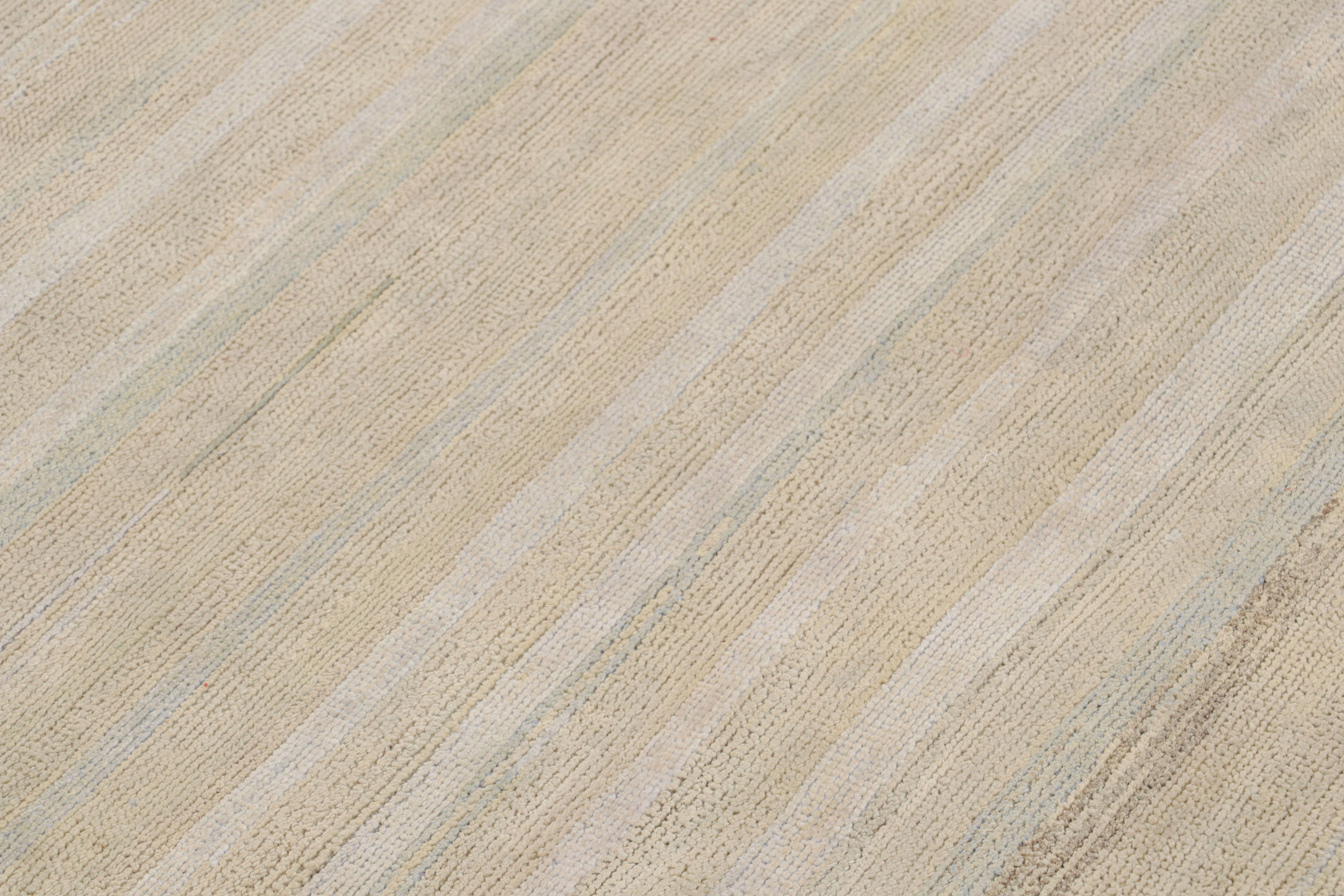 Contemporary Rug & Kilim’s Modern Textural Rug in Creamy Beige and Light Blue Stripes For Sale
