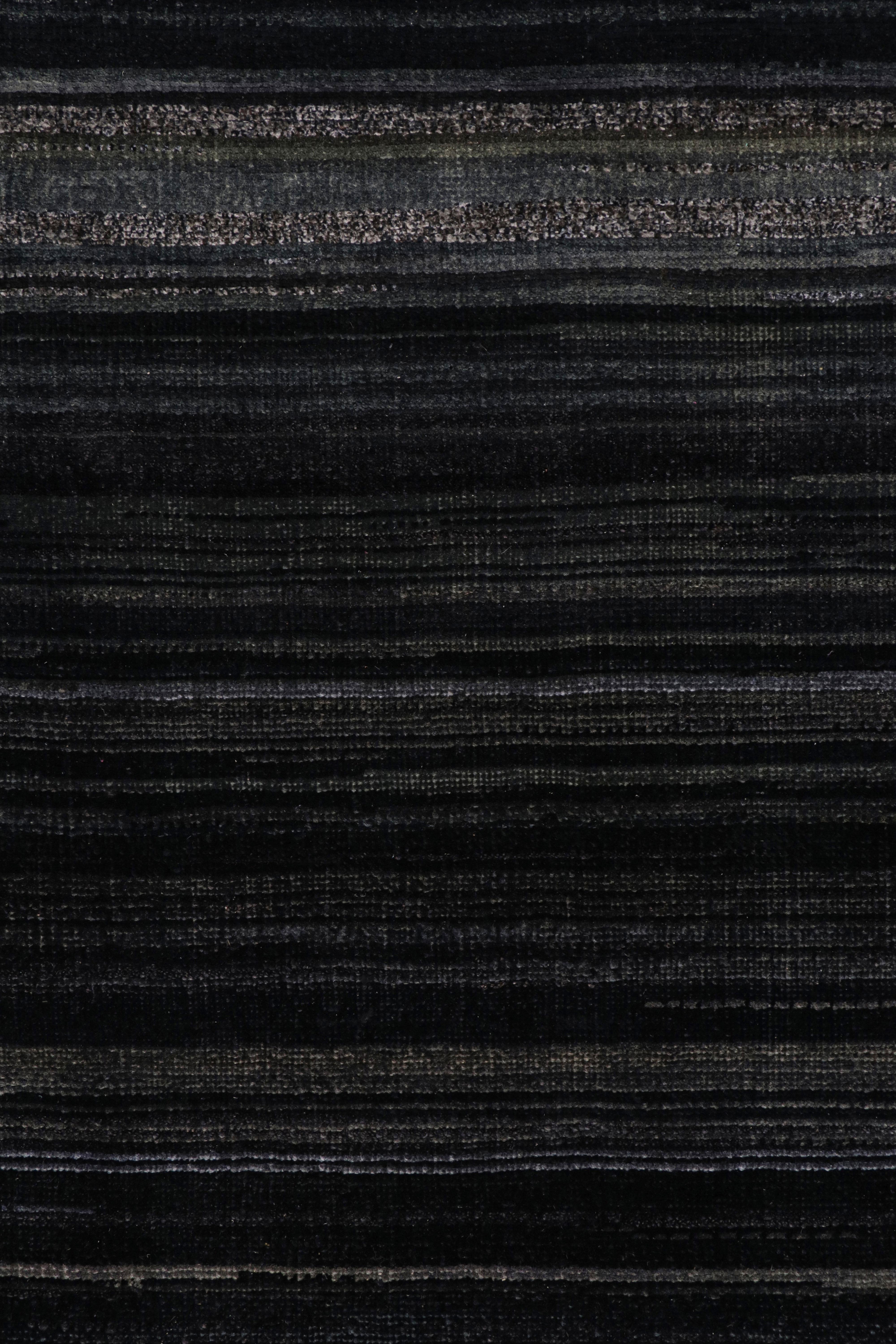 Indian Rug & Kilim’s Modern Textural Rug in Dark Blue and Grisailles Stripes and Striae For Sale