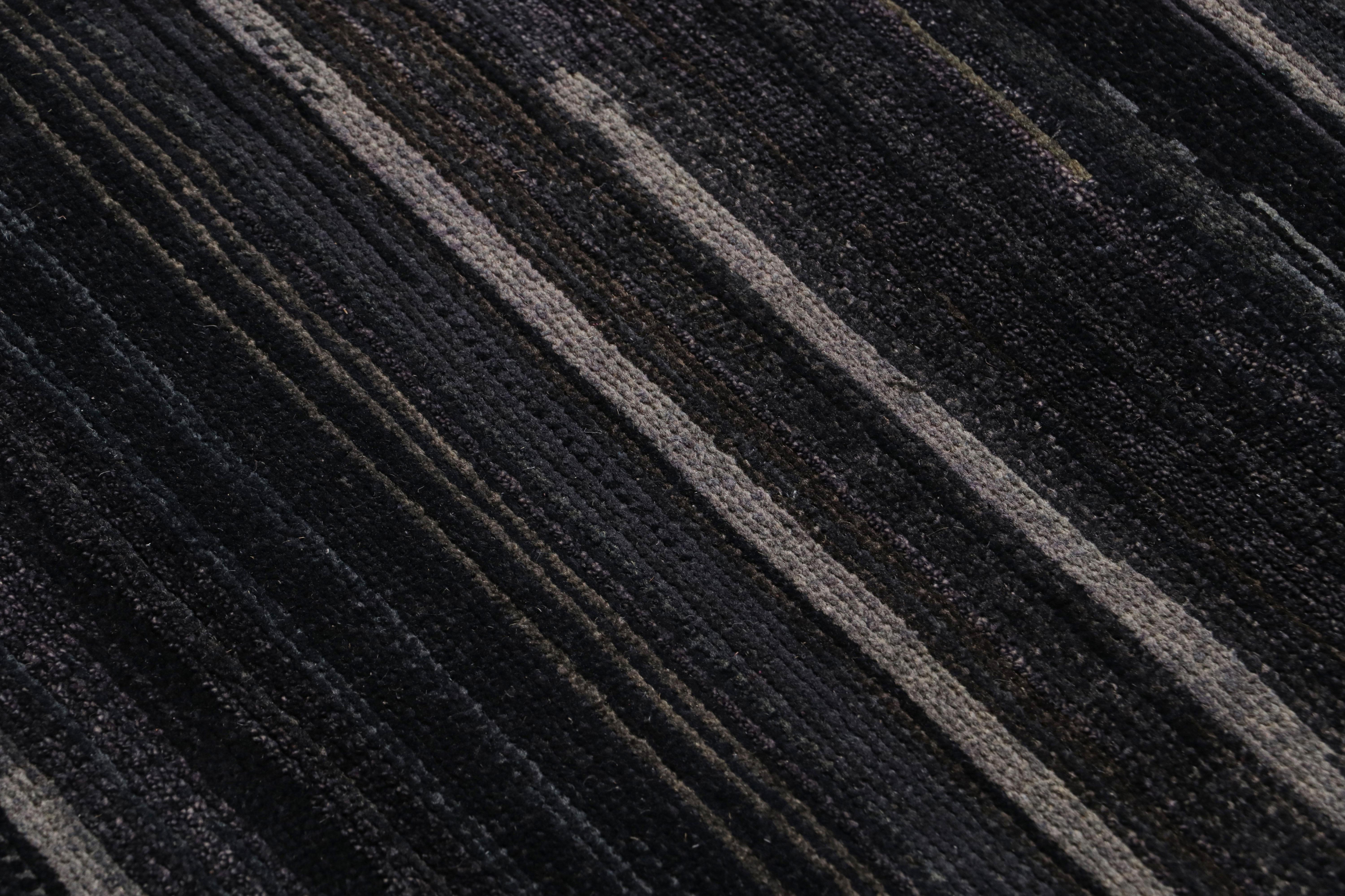 Contemporary Rug & Kilim’s Modern Textural Rug in Dark Blue and Grisailles Stripes and Striae For Sale
