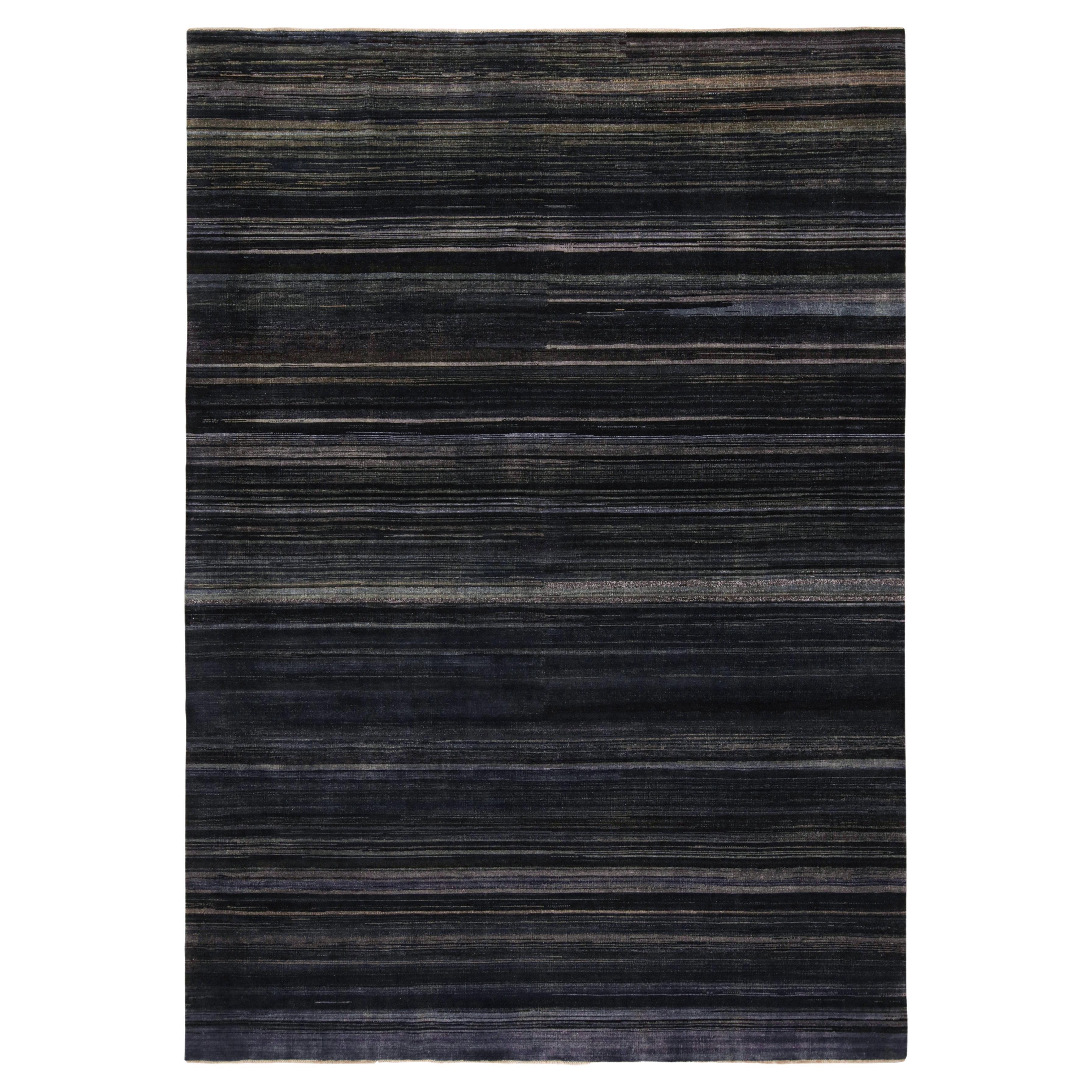 Rug & Kilim’s Modern Textural Rug in Dark Blue and Grisailles Stripes and Striae For Sale