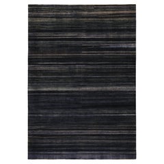 Rug & Kilim's Modern Textural Rug in Dark Blue and Grisailles Stripes and Striae (tapis texturé moderne en bleu foncé et rayures grises)