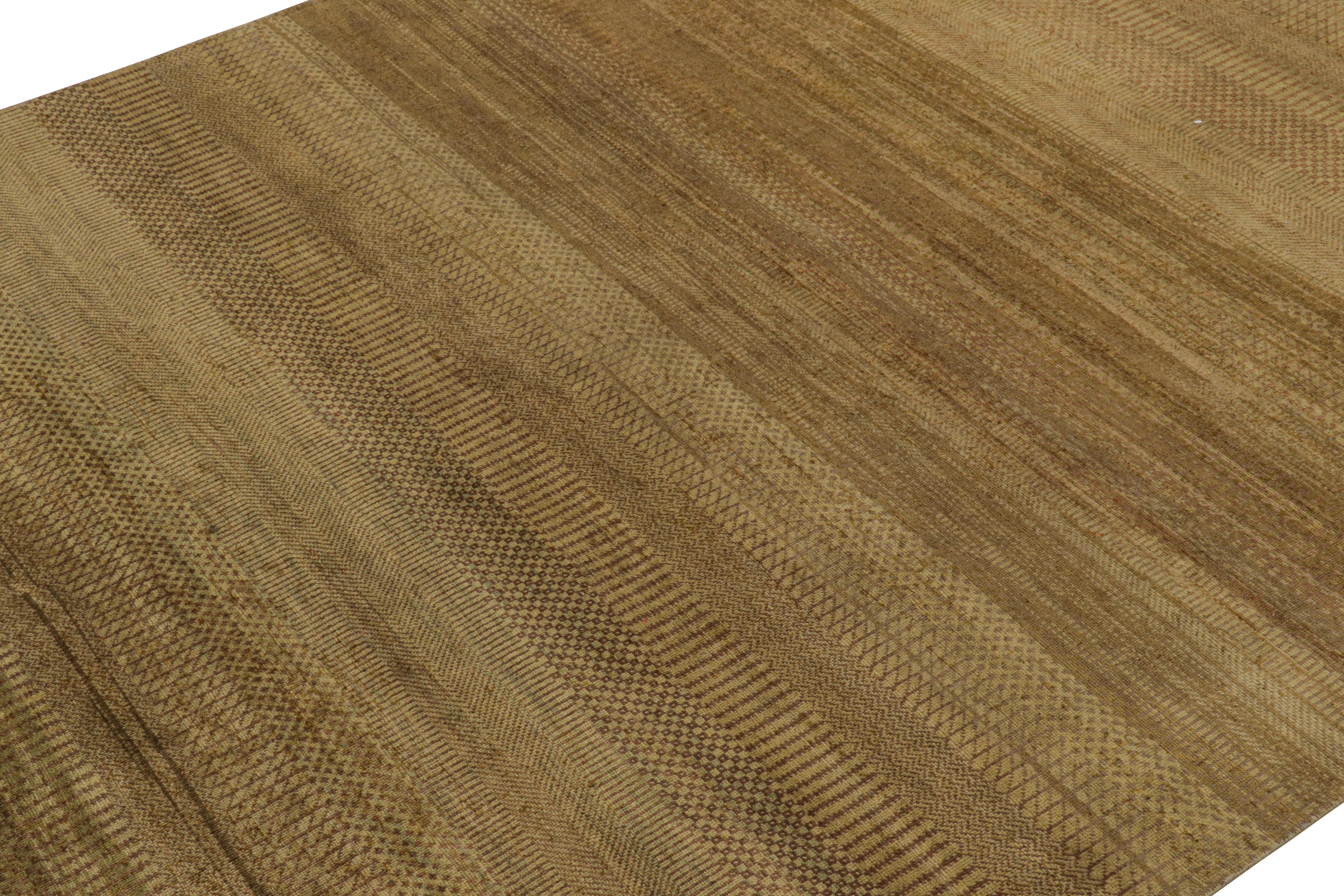 Indian Rug & Kilim’s Modern Textural Rug in Green, Brown and Gold Stripes and Striae For Sale