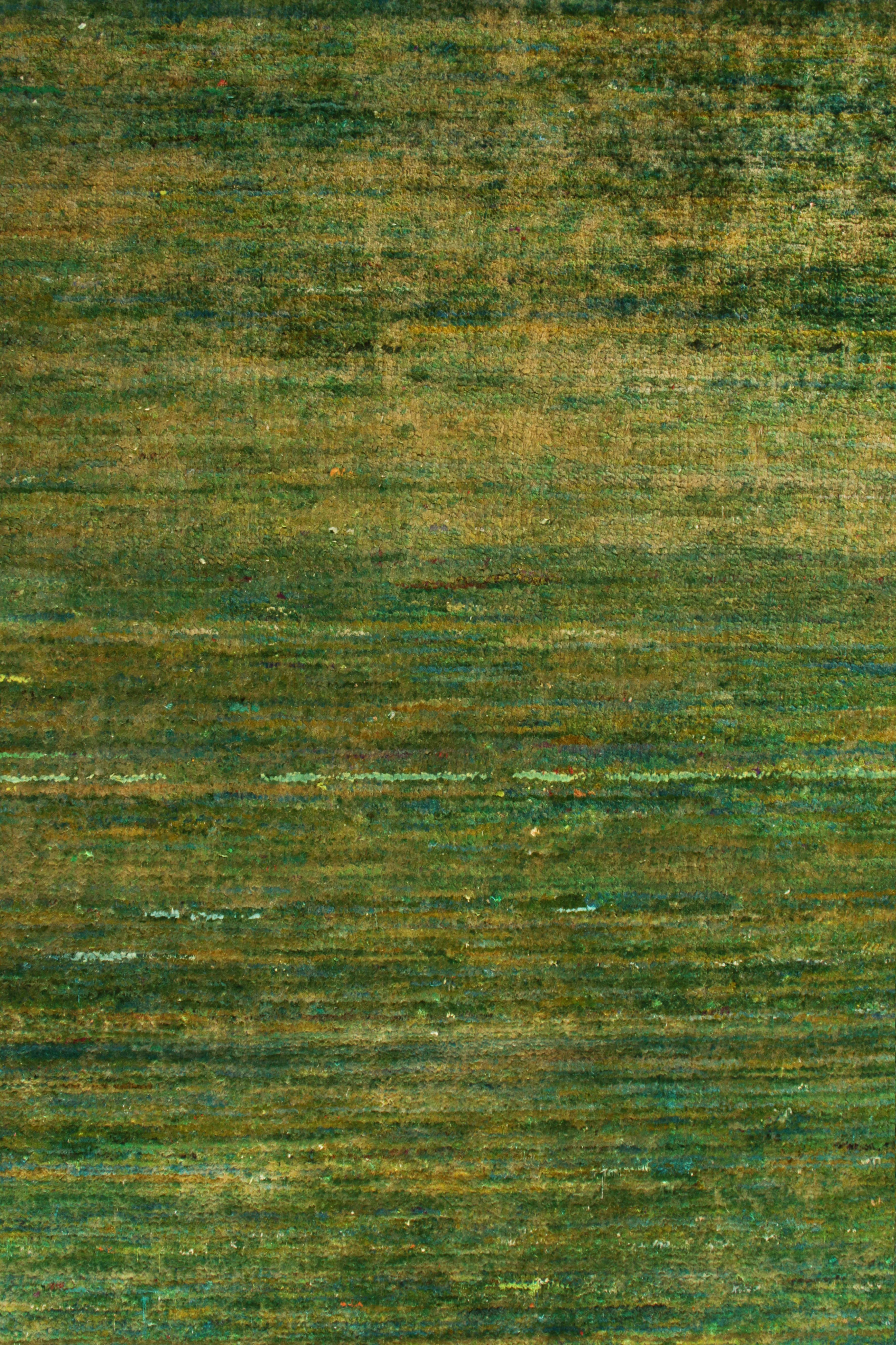 Hand-Knotted Rug & Kilim’s Modern Textural Rug in Green, Yellow Solid-Stripe Pattern For Sale