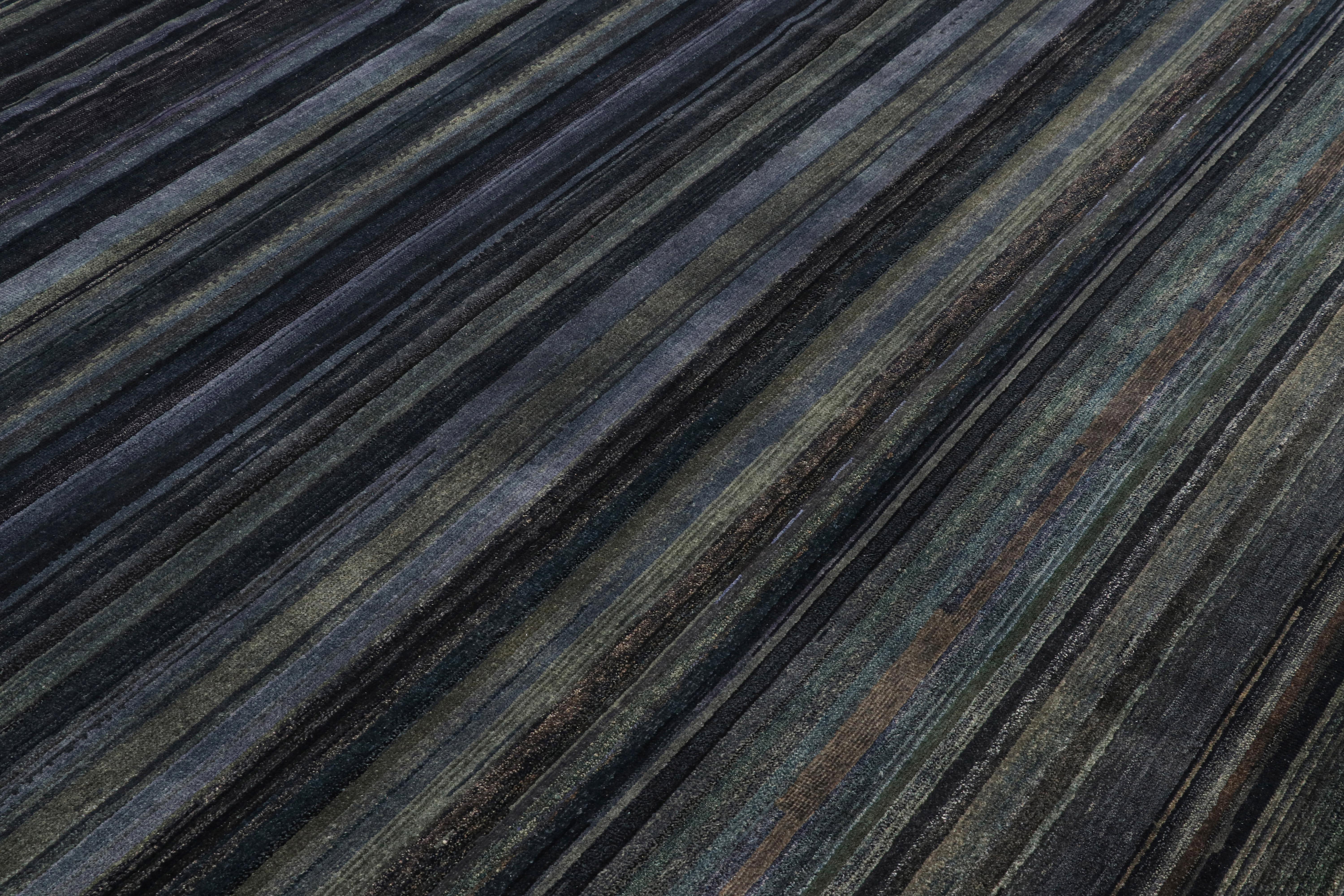 Indian Rug & Kilim’s Modern Textural Rug in Grisaille Blue and Black Stripes and Striae For Sale